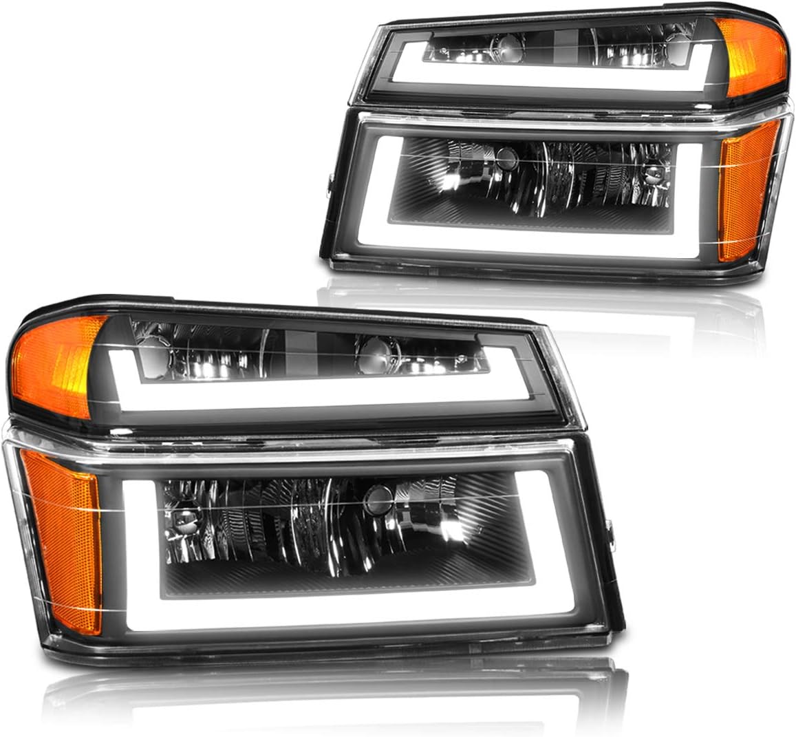 PM PERFORMOTOR 4Pcs-Set Black Housing Headlights With LED DRL Bars Replacement Compatible with 04-12 Colorado / 04-12 Canyon / 06 i-280 i-350/07-08 i-290 i-370, PMHL-CCOL-0412-4P-LB-BC