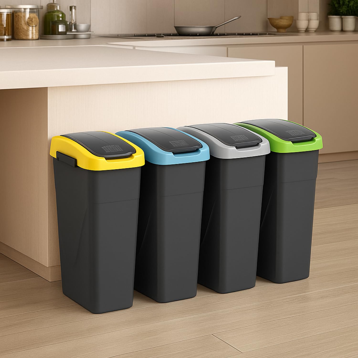 PALUPLUS Set 4 Pattumiere per Raccolta Differenziata da 25 Litri, Misura 24x37x51 cm, Secchi Neri Componibili con Coperchio Basculante, Dettaglio Verde, Giallo, Azzurro e Grigio -06C -4,4