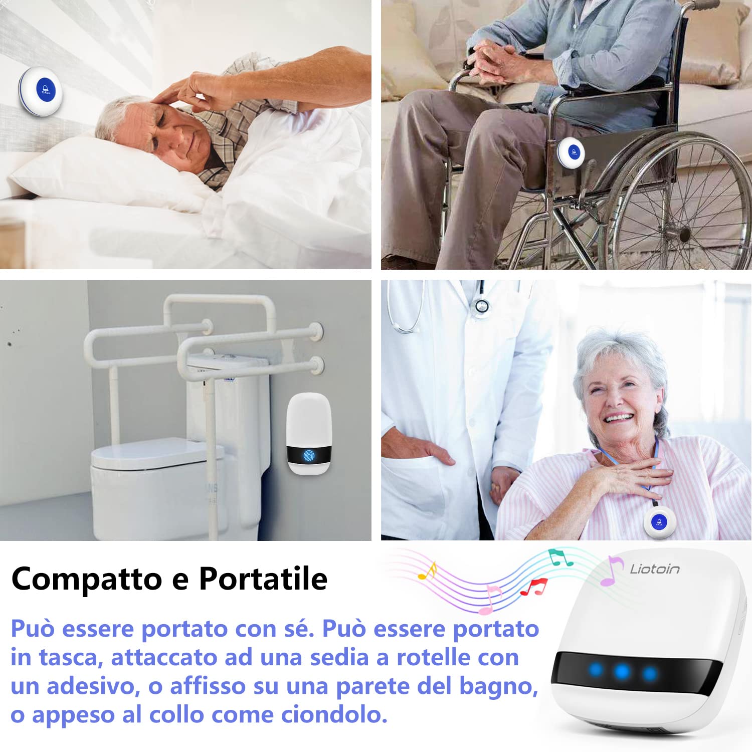 Pulsante di Chiamata Wireless, LIOTOIN Cercapersone con LED in Portata Fino a 180m Impermeabile Sistema di Assistenza per Anziani Pazienti Disabili Casa Ospedale (3 Trasmettitori 2 Ricevitori) …
