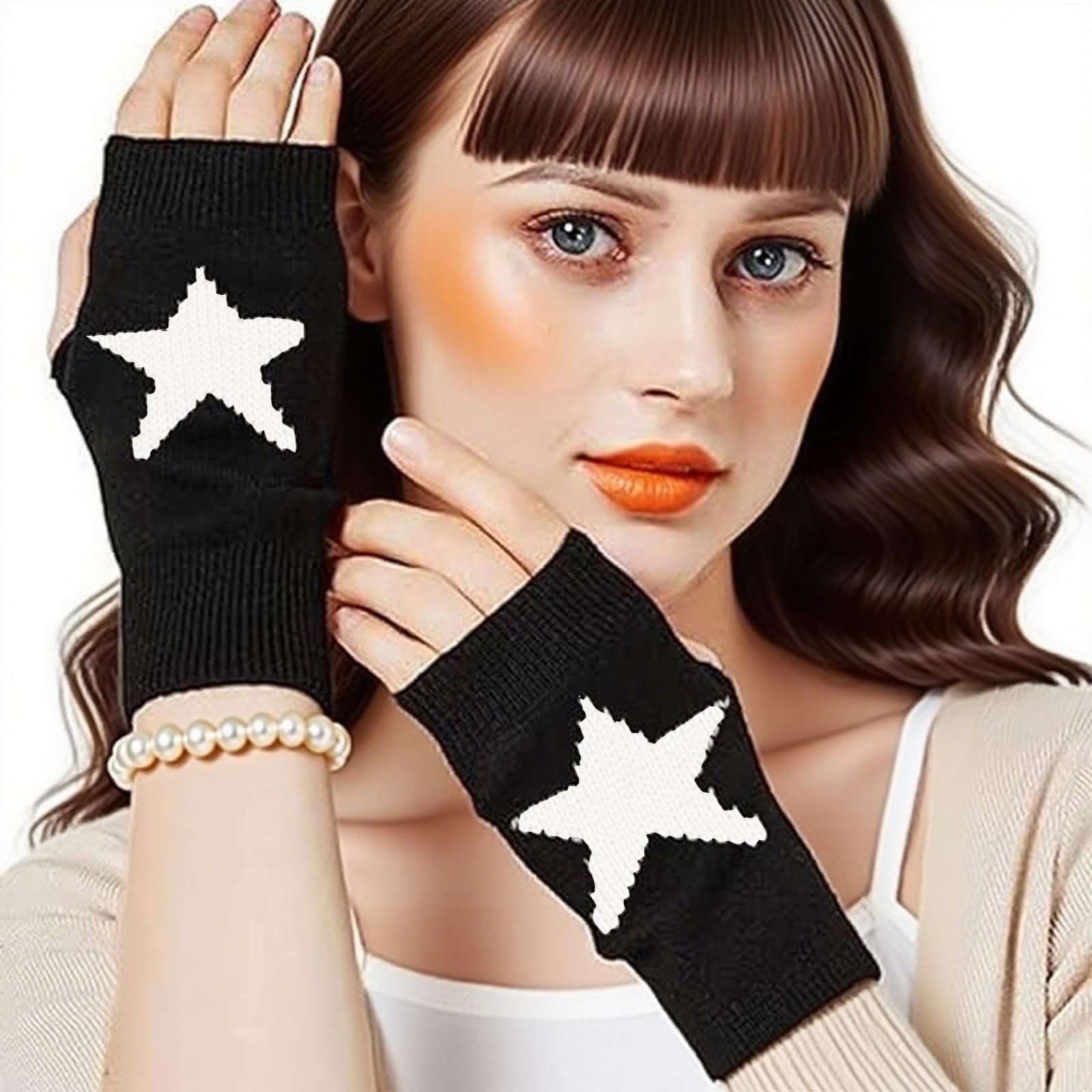 1Pcs Cat Beanie + 1Pcs Star Printed Fingerless Gloves, Cat Hat for Womens Clothing Accessories Accessories for Y2K - Image 4