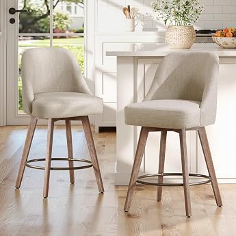 Bekrvio Bar Stools Set of 2 65 cm Seat Height 360  Rotatable Bar Stools with Backrest and 12 cm Thick Padding Linen Look Fabric Wooden Legs Made of Beech Maximum Load 150 kg for Kitchen Island & Bar Counter