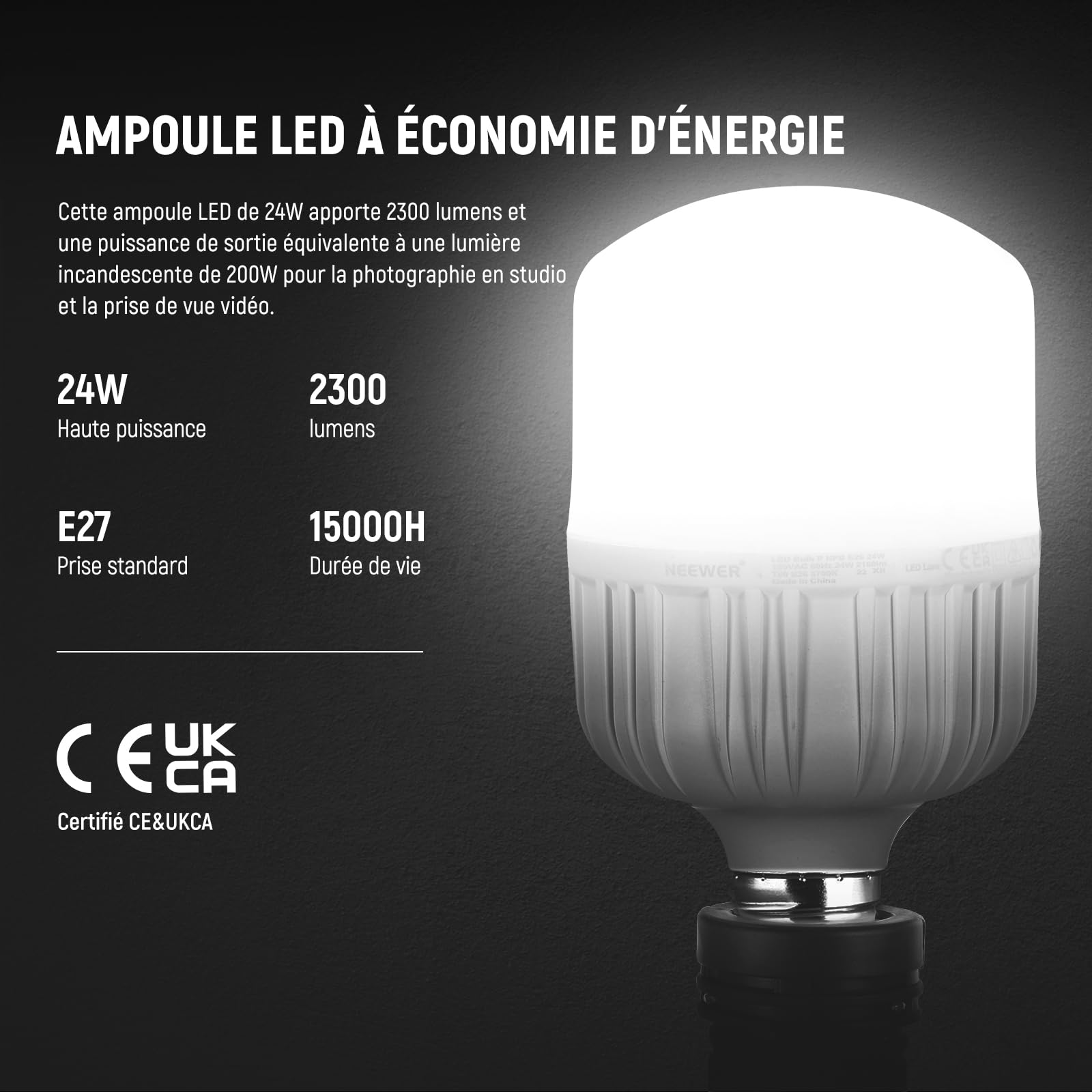 NEEWER Kit d'Éclairage pour la Photographie 600W, Équivalent Incandescent avec 2 Parapluie Blanc, 2 Parapluie Noir, 3 Ampoule LED 24W, 3 Support de lumière, 2 Sac, 5 Attache câbles, 3 Socle E27,NK500