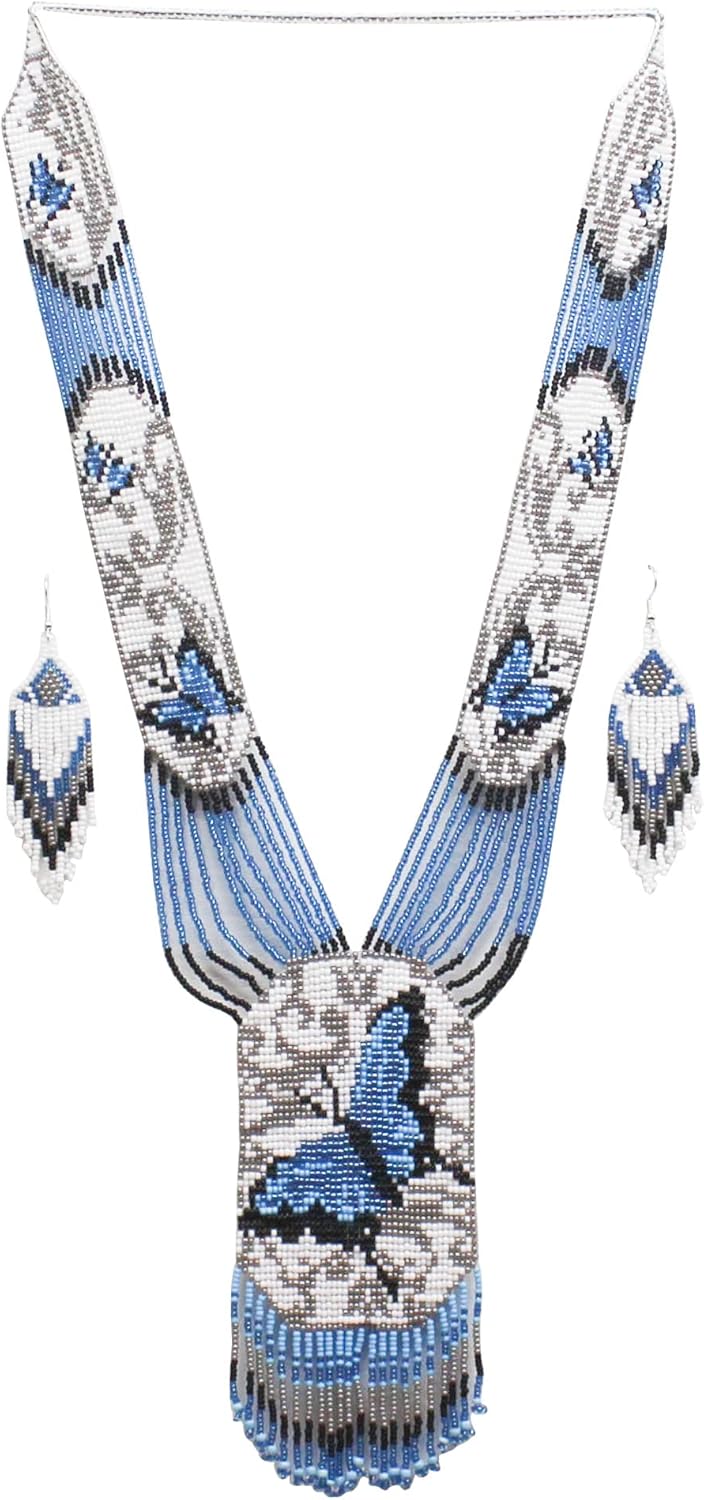 Native Tribal Style Long Statement Beaded Necklace for Women Handmade (White Blue Butterfly)
