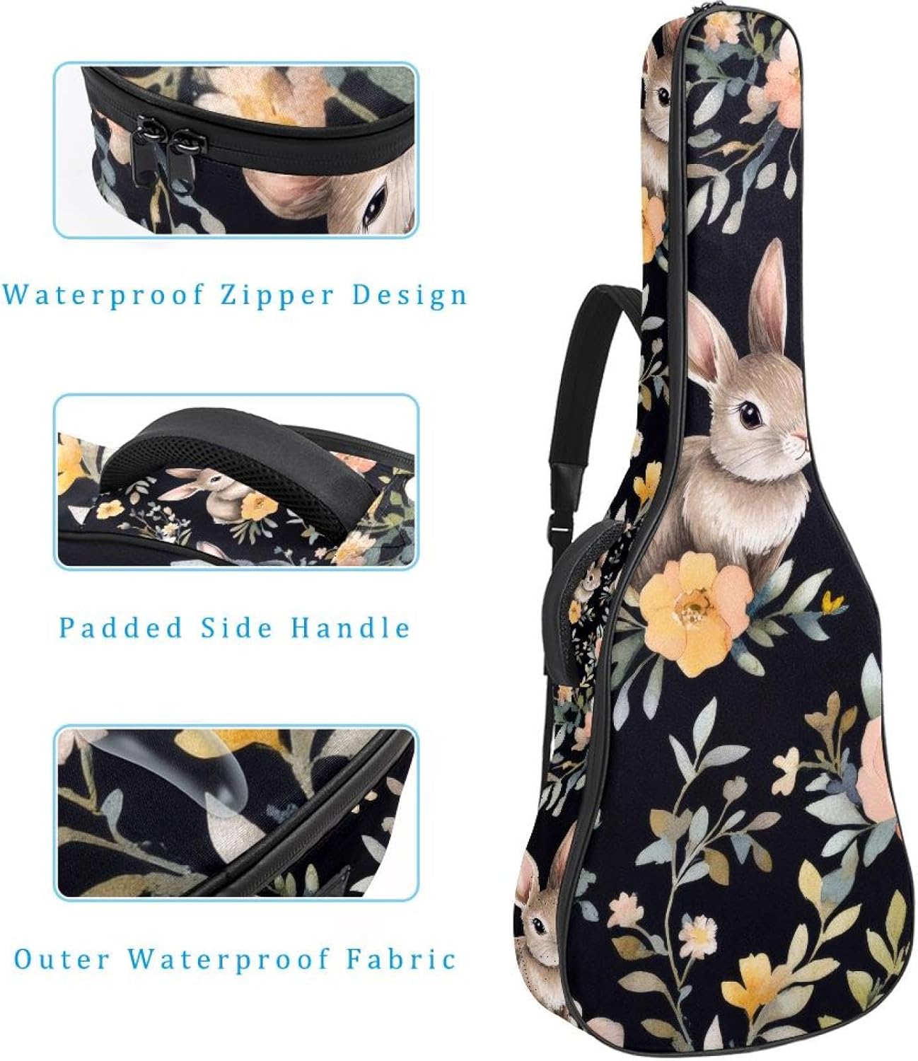 40 41 42 Inch Acoustic Guitar Bag, 0.4 In Thick Sponge Padded Guitar Case Gig Bag with Back Hanger Loop and 2 Pockets, Watercolor Easter Flower with Cute Rabbits
