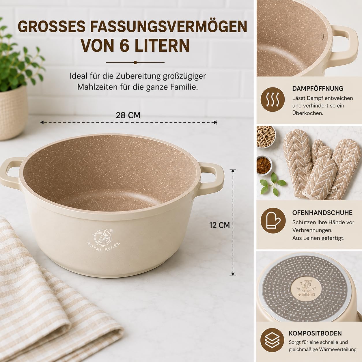 Royal Swiss® Kochtopf 28 cm – 6 Liter – Induktion & Ofenfest – Gussaluminium mit Marmor-Antihaftbeschichtung – Glasdeckel & abnehmbare Silikongriffe – PFAS- & PFOA-frei – Hellbeige