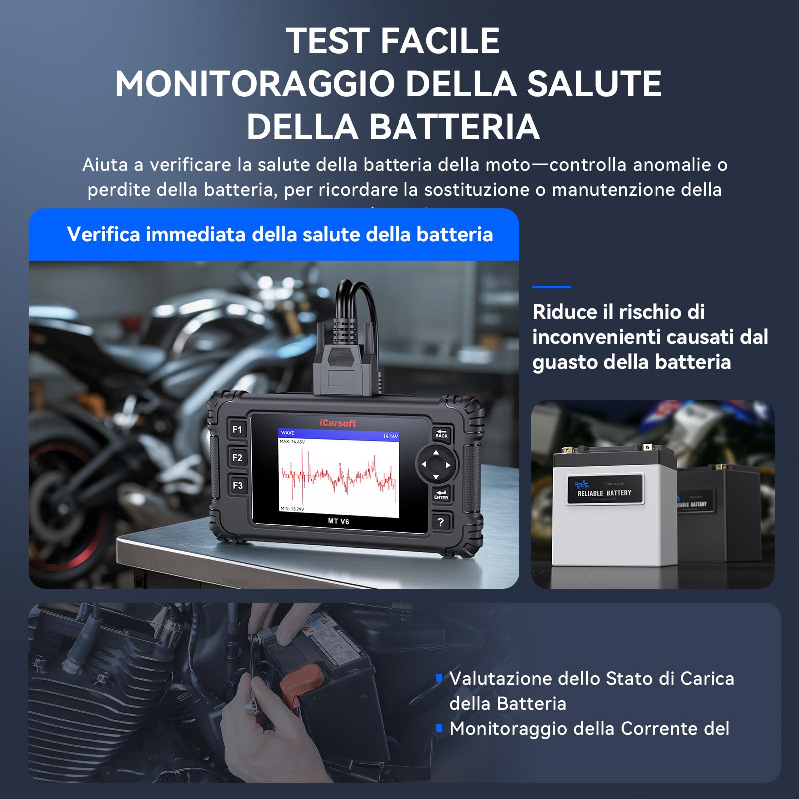 iCarsoft MT V6 per BM.W Moto, Strumento Diagnostico Bidirezionale, OBDII Lettore di Codice Tutti i Sistemi con 115+ Funzioni di Ripristino, Strumento di Scansione per Moto, Test Salute Batteria