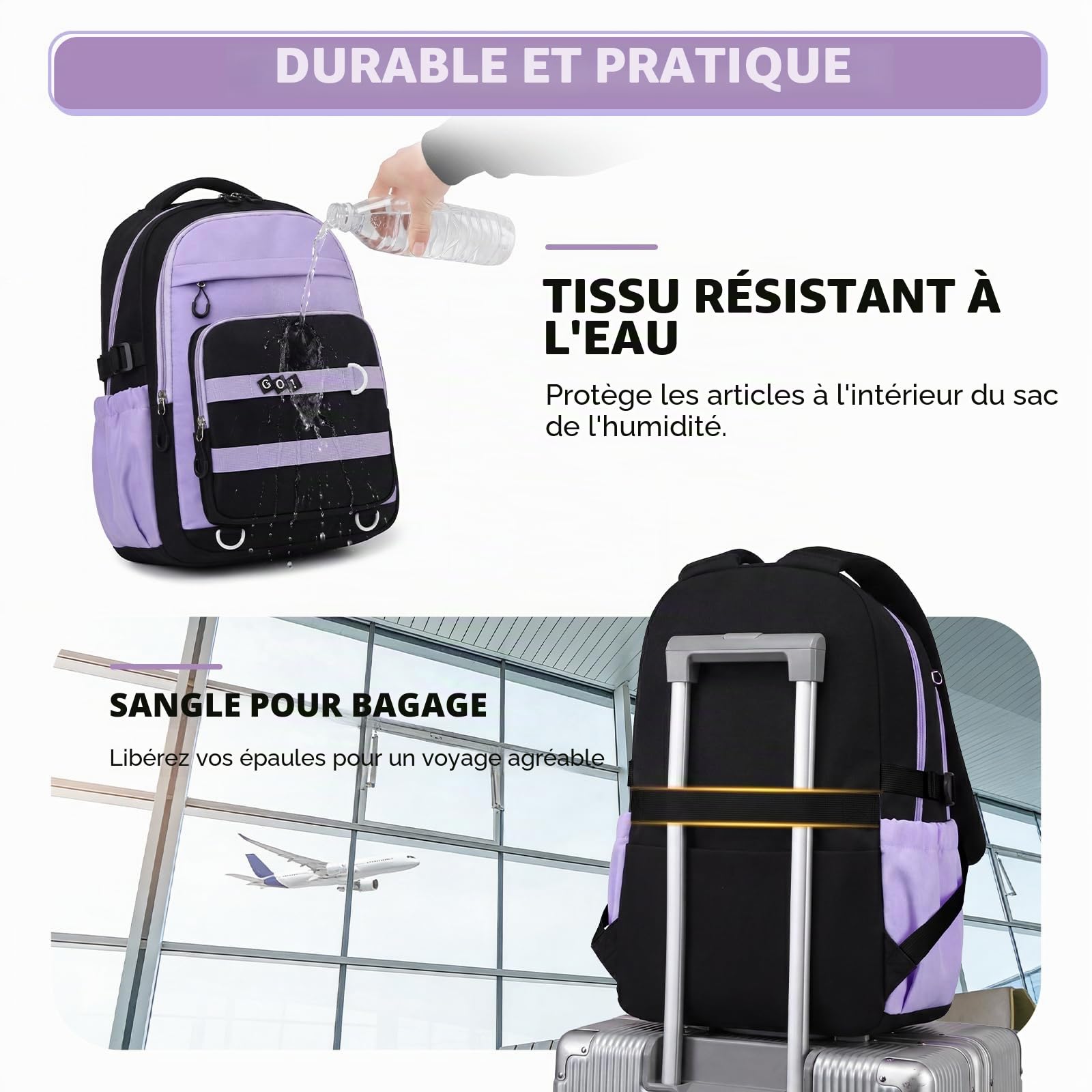 Amythe Sac à Dos Fille Collège, Ensemble de Cartable Léger, Violet