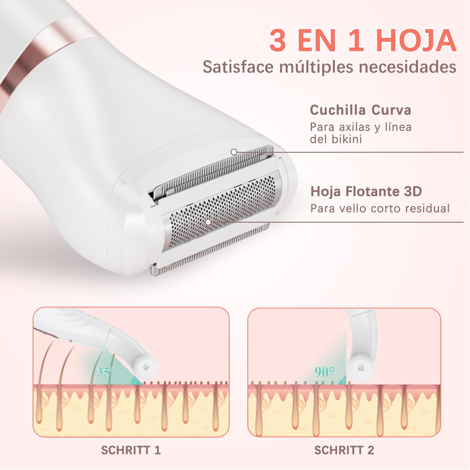 Afeitadora Eléctrica Mujer, MAXGROOM Set de Depiladora Electrica 3 en 1 para Mujer, IPX6 Utilizable en seco/mojado Recortadora Corporal Mujer, Apto para Facial, Cuerpo y Las Zonas íntimas