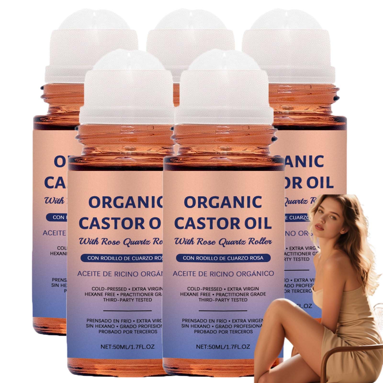 Aceite de ricino Roll On Rose Quartz Bio Ricinusöl Roll On-Rosenquarz Roller-Rosenöl el Rost-Bámbar Glasflasche- Nutre suavemente los aceites de ricino de la piel, aceites faciales, 50 ml/1,7fl.oz