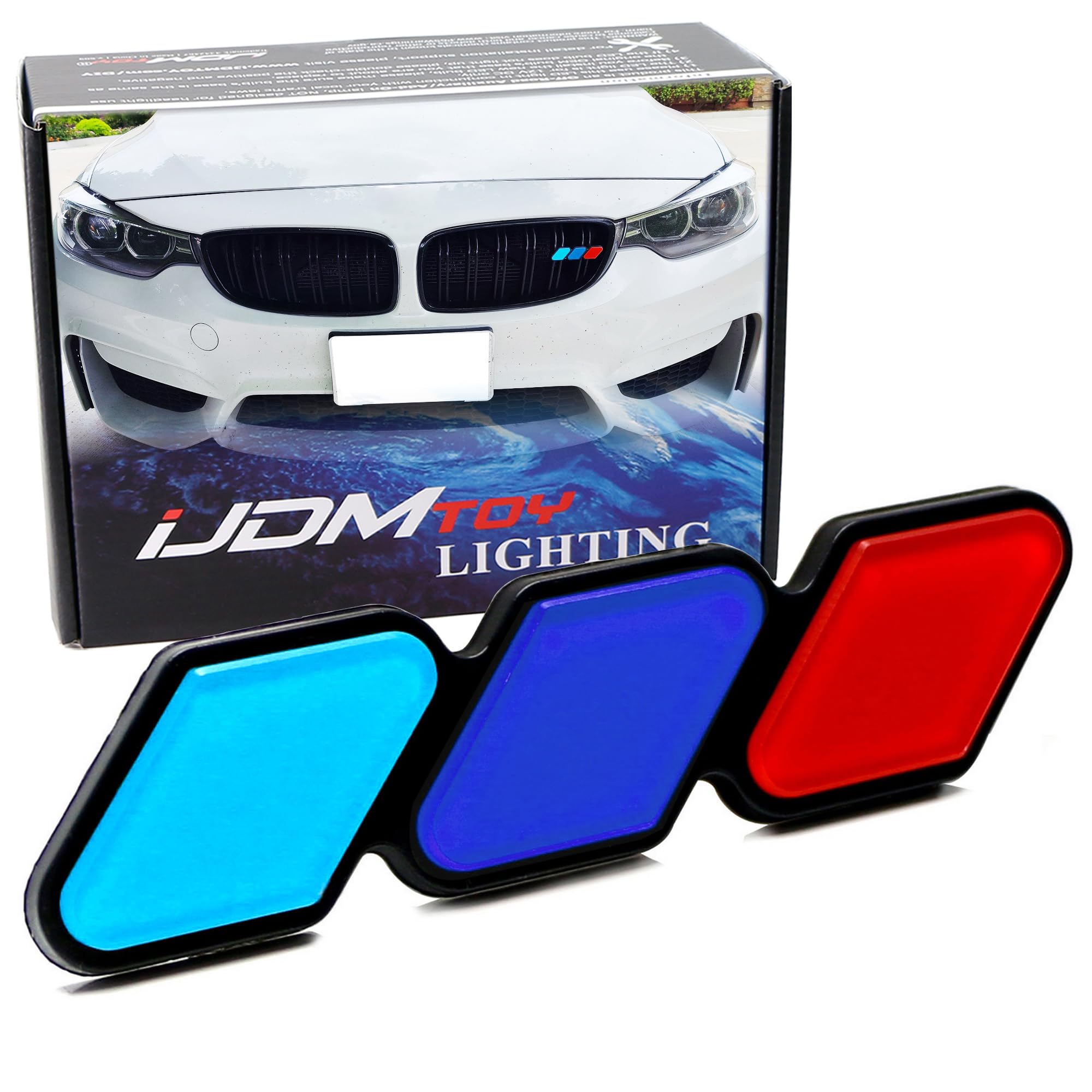 iJDMTOY Iconic 3-Color Stripe Lower Grille/Hood Grill Badge Emblem w/No Removal Required Toggle Anchor Bolts, Compatible with BMW 1 2 3 4 5 6 7 8 Series X1 X2 X3 X4 X5 X6 X7 Z4 (Light/Dark Blue/Red)