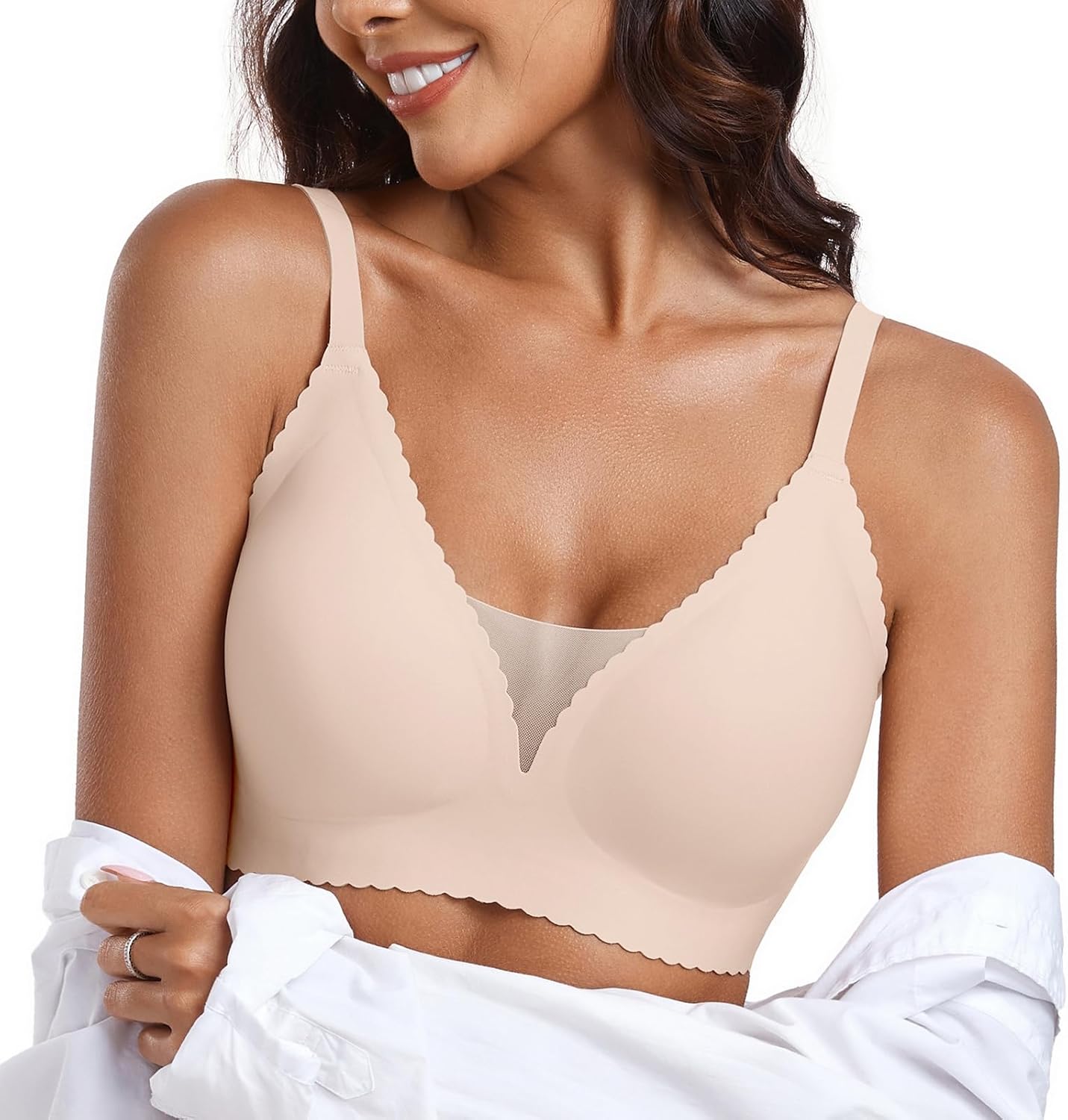 OEAK Womens Comfortable Bras Wireless Bras Push Up Bralettes Scalloped Mesh Bras Seamless Tshirts Bras Deep V Everyday Bras - Image 7