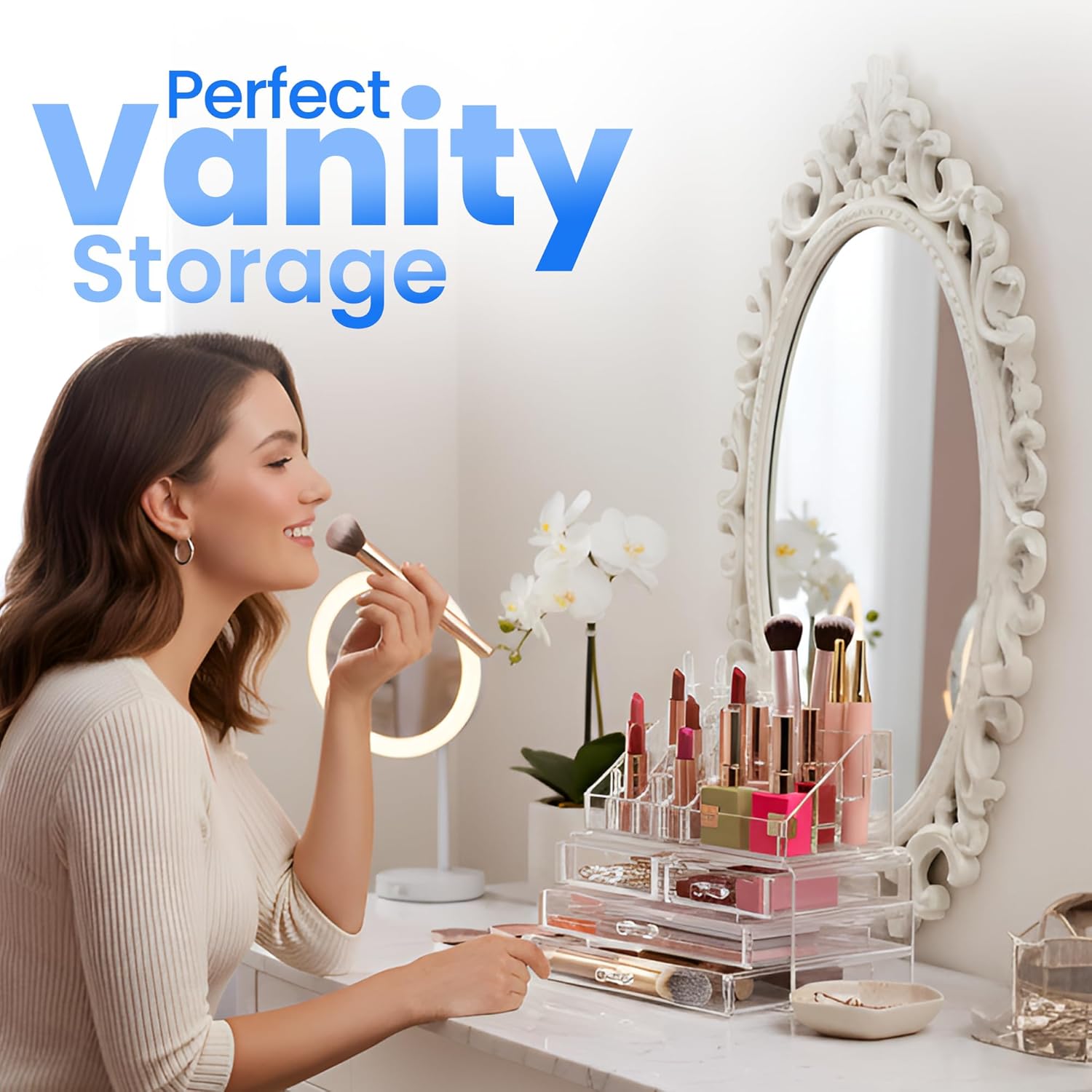 Masirs Clear Makeup Organizer - 16-Compartment Cosmetic and Jewelry Holder with 4 Drawers - Vanity Storage Box for Makeup, Skincare, Accessories, and Jewelry Display - Image 7