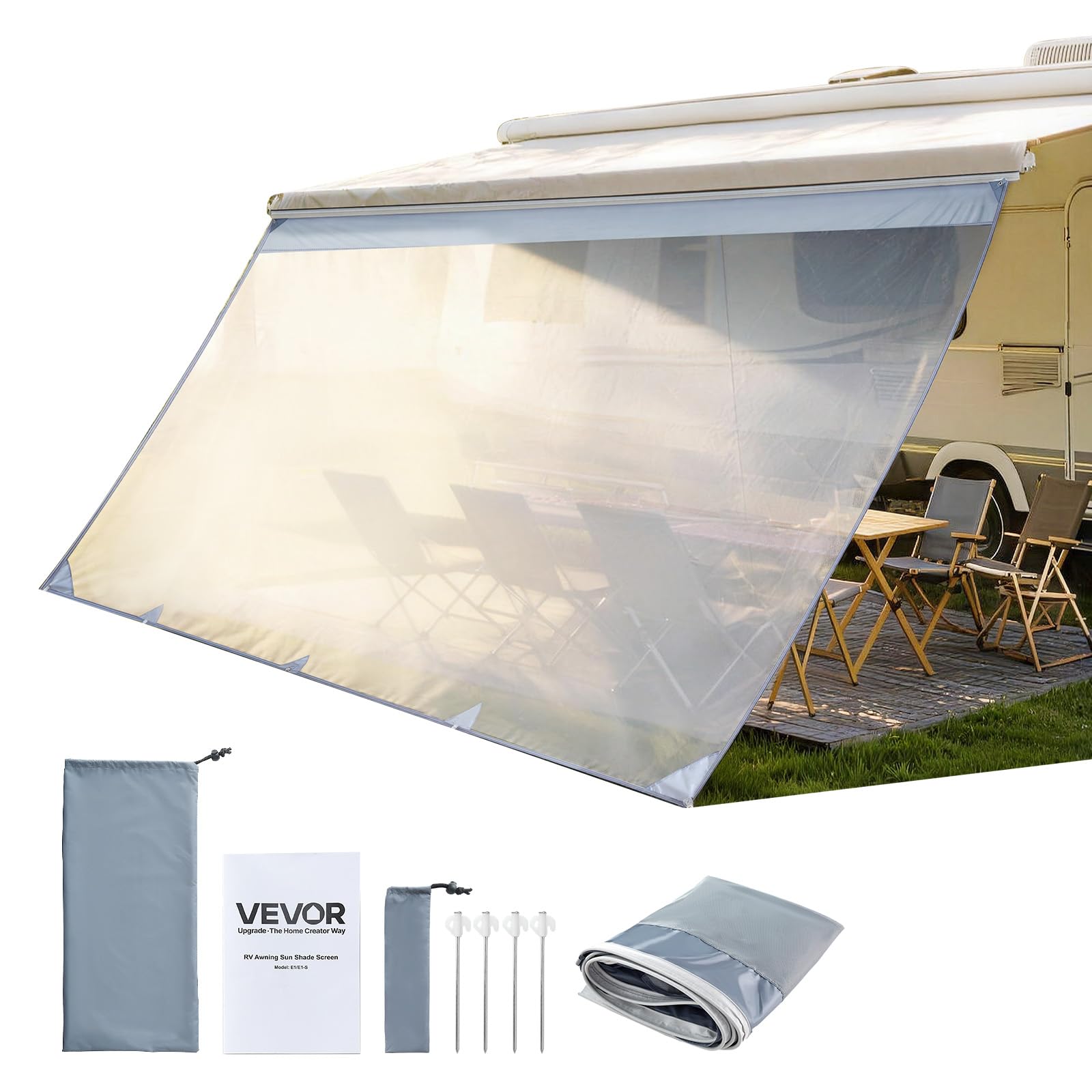 VEVOR Pannello Laterale Frangisole in Poliestere Trasparente Parete Frontale per Camper Roulotte 2x4,3m Compatibile per Tenda da Sole 4,5m