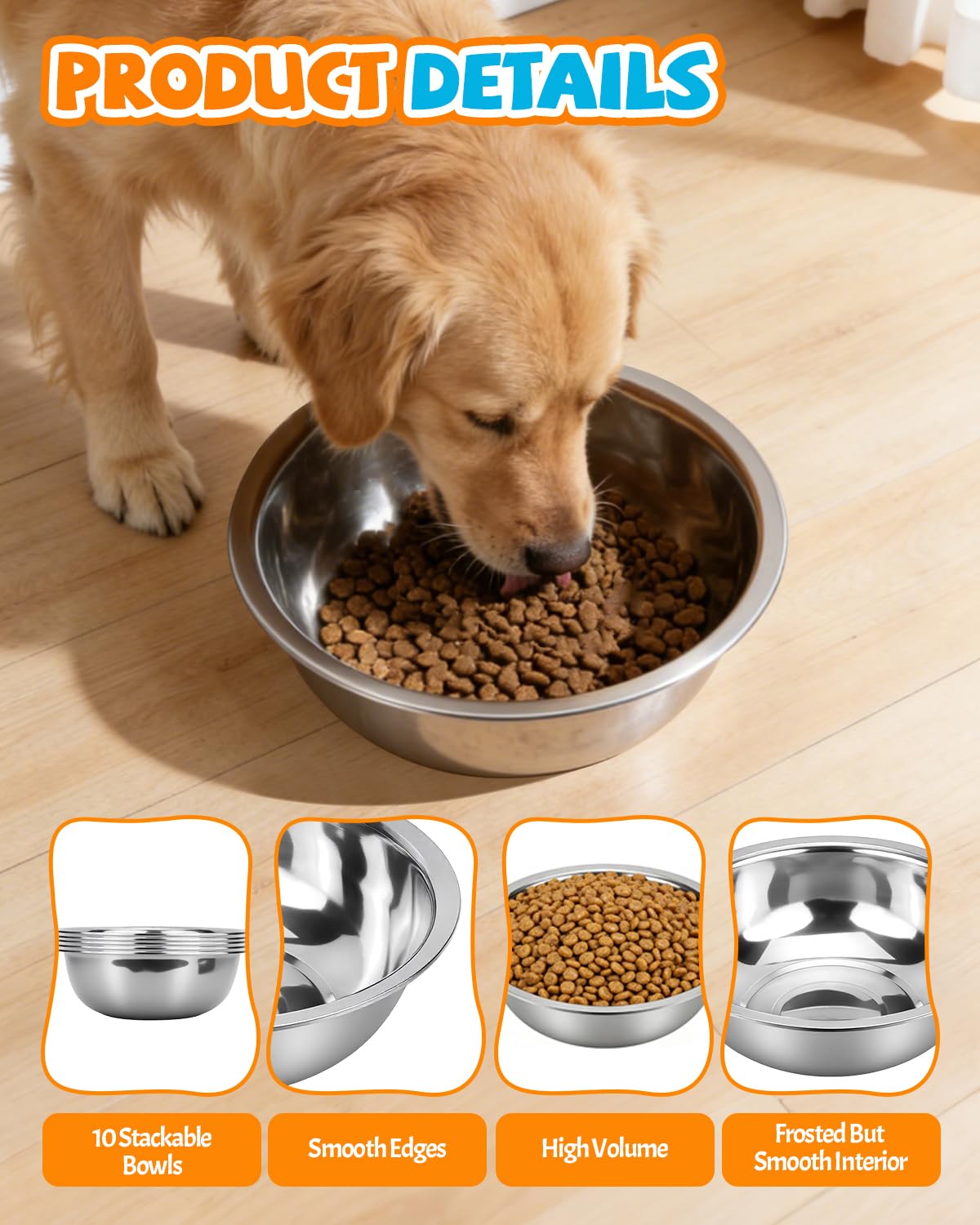 Set di 10 ciotole per cani in acciaio inox, 2,4 g/10,75 tazze, ciotole in metallo per cibo e acqua, ciotola grande per acqua o ciotola per animali domestici, per interni o esterni, lavabili in
