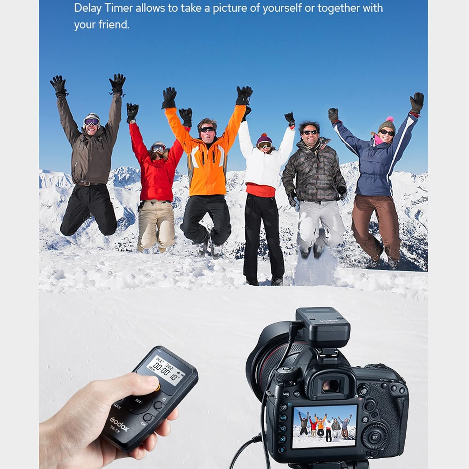 People jumping in snow with a camera and remote control
