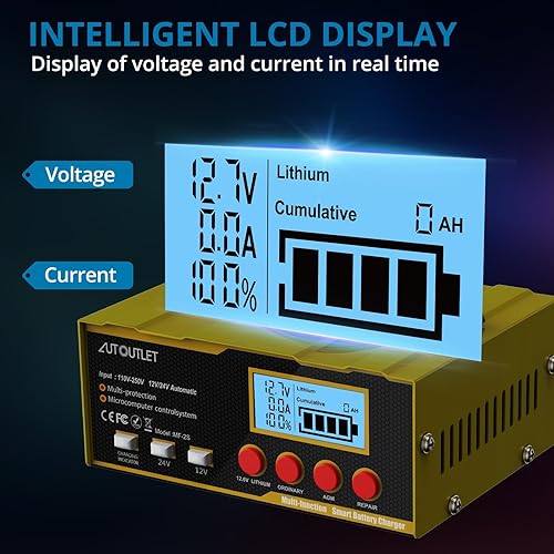 Miniatura 5 de AUTOUTLET Cargador y mantenedor de batería versátil de 12 V24 V con pantalla LCD inteligente, cargador de batería automotriz de 12 A para baterías
