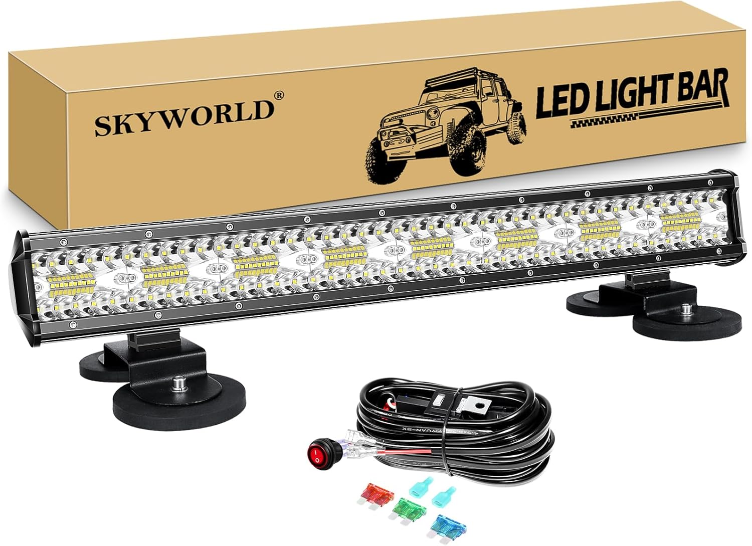 SKYWORLD 23 inch 480W 8D Driving LED Light Bar with 12V Wiring Harness Cable Kit, 2pcs Strong Magnetic Bracket Mount Holder for Car Off road Truck SUV ATV 4x4, Fog Lights 6000K White