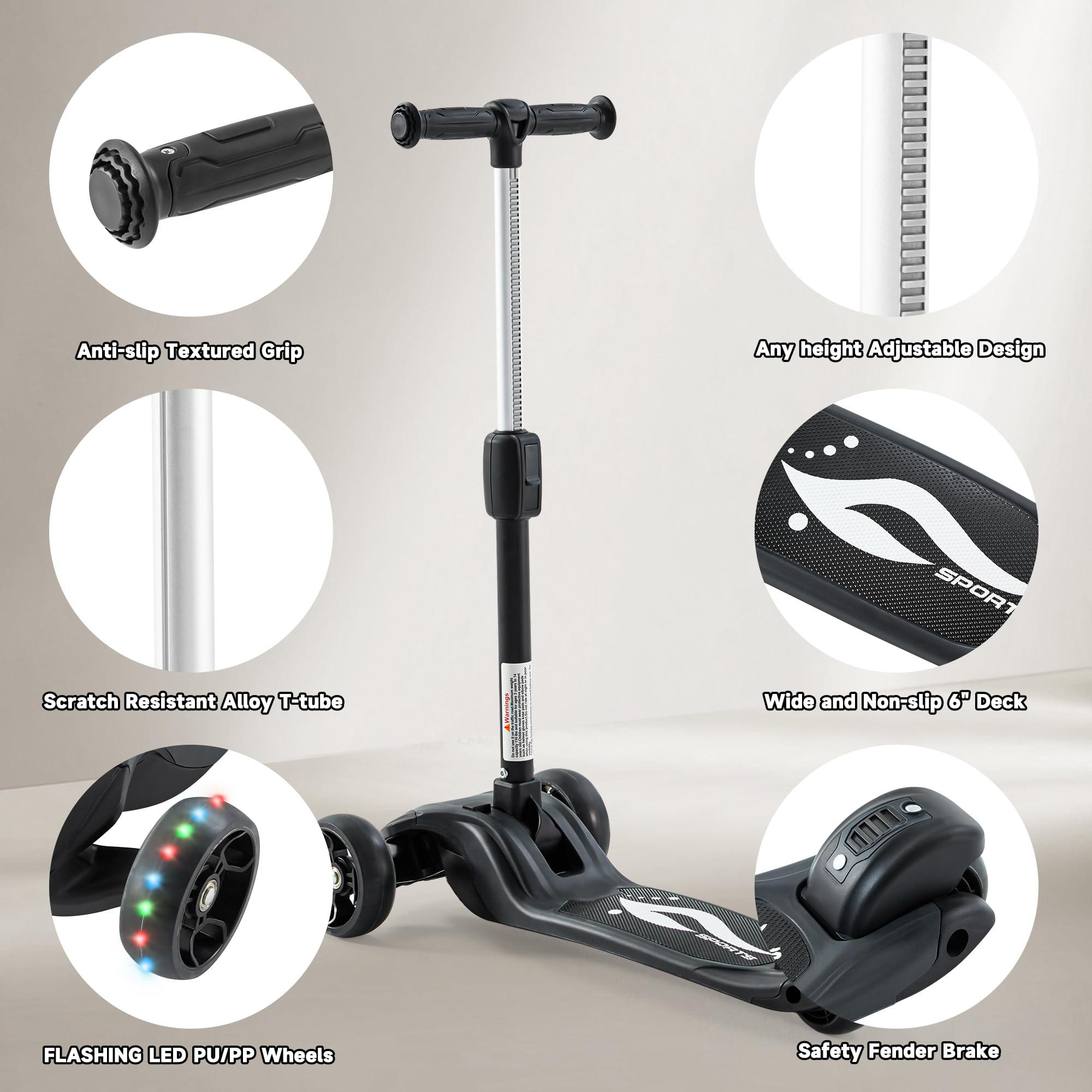 Patinete para niños, 3 ruedas, manillar ajustable en altura para niños, sistema de inclinación para dirección y mecanismo de plegado fácil, niños y niñas de 3 a 14 años (1003-negro) 4