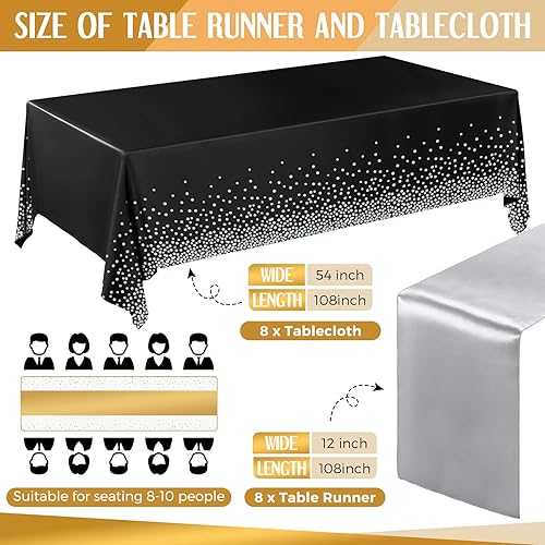 Vista 100 de Tudomro Juego de 16 manteles de plástico desechables y camino de mesa satinado de 54 x 108 pulgadas, manteles de 12 x 108 pulgadas, para Año Nuevo