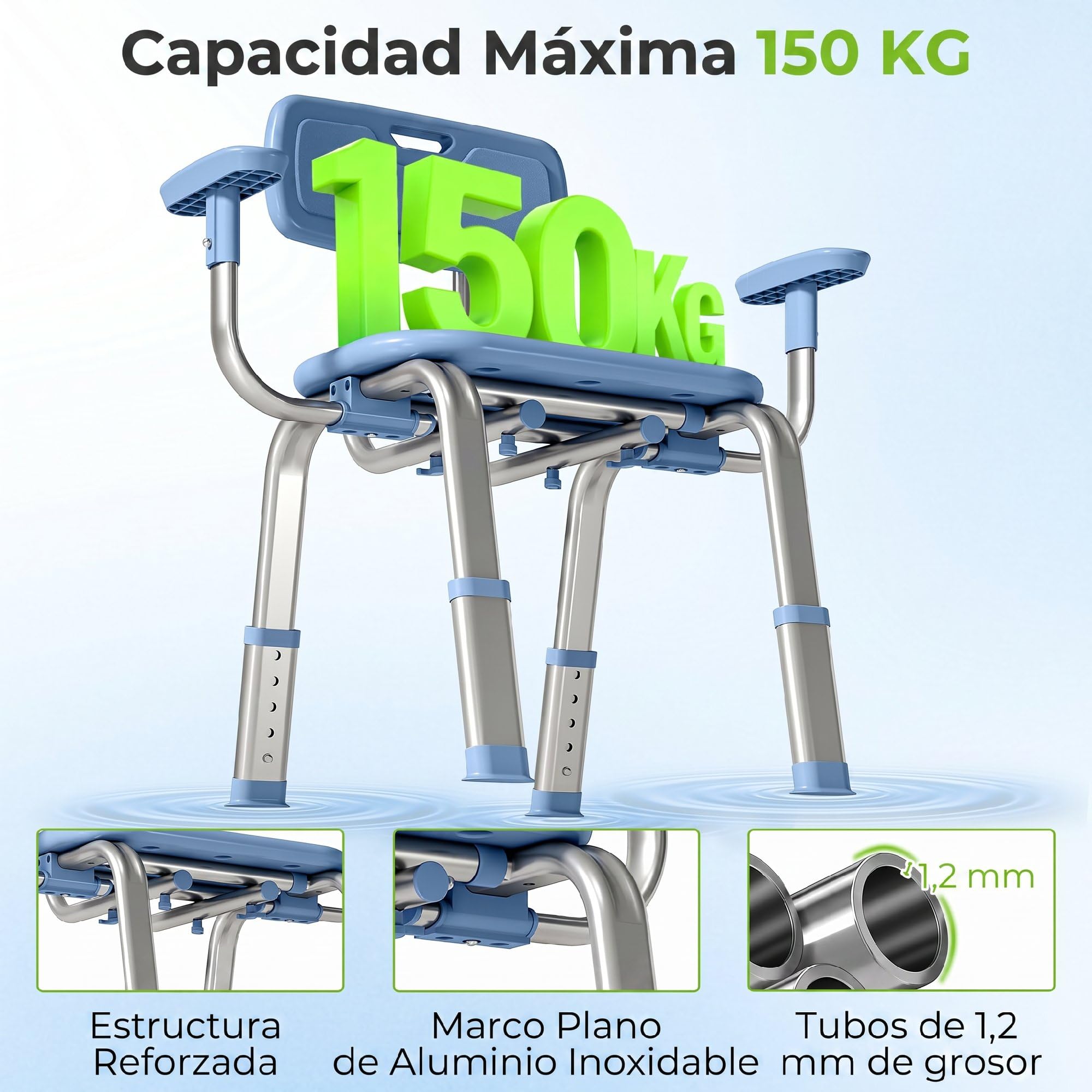 HOMCOM Silla Ducha Personas Mayores con Reposabrazos Ajustable 150 kg | Taburete de Baño Antideslizante con Respaldo, Altura Ajustable, Ancianos, Discapacitados, Minusválidos