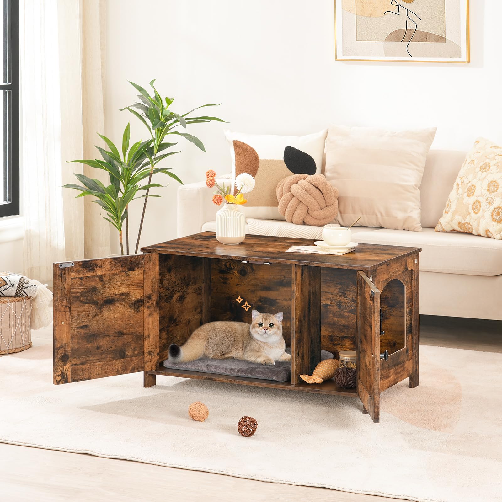 HOOBRO Armadietto per Gatti, Litter Box, con Sportello e Divisore, Spazioso, Struttura Robusta in Legno, Nido per Gatti, Corridoio, Marrone Vintage EBF03MW01G1