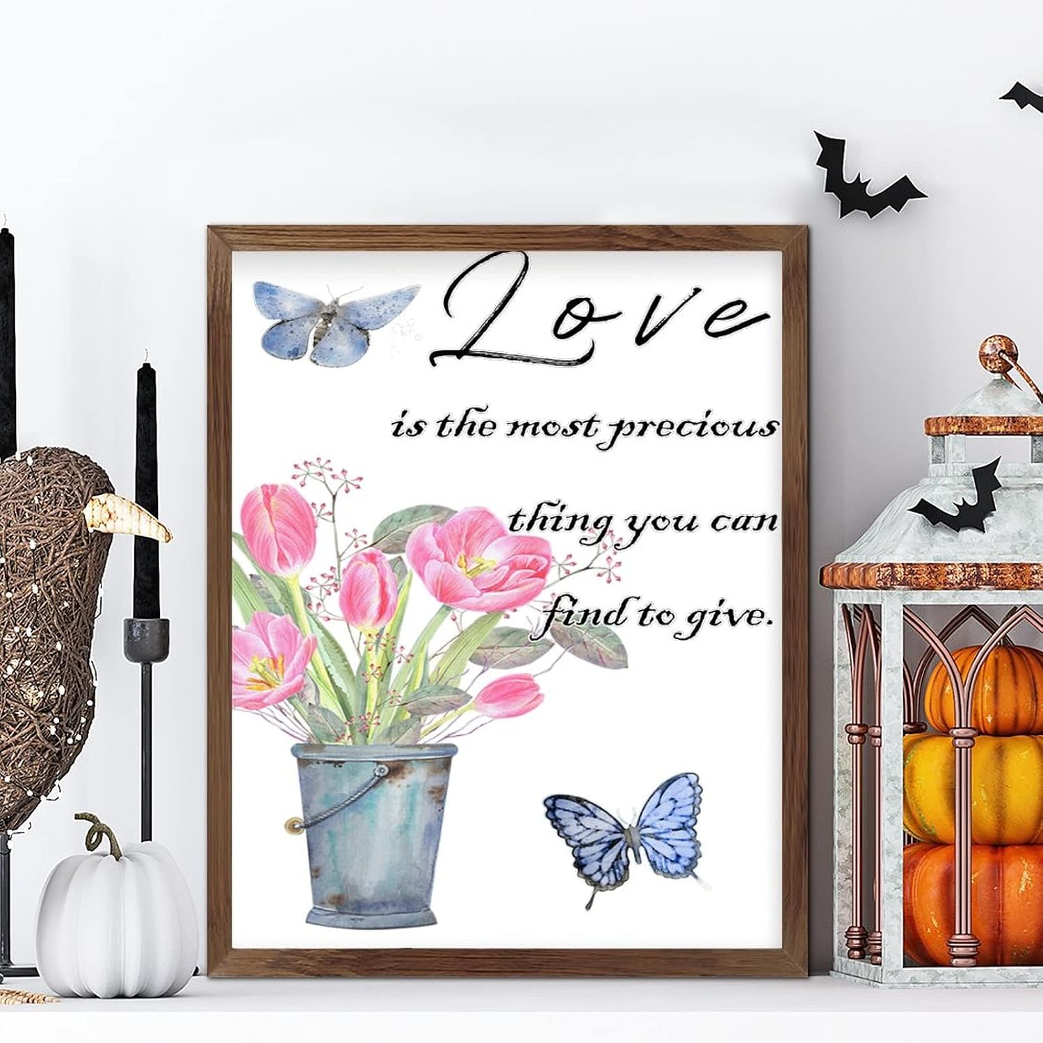 Love is The Most Precious Thing Wood Framed Sign Spring Tulip with Butterfly Wood Plank Hanging Sign Rustic Garden Floral Wood Hanging Wall Art Decor for Grandpa Papa Dad Boyfriend Teacher 20x16inch