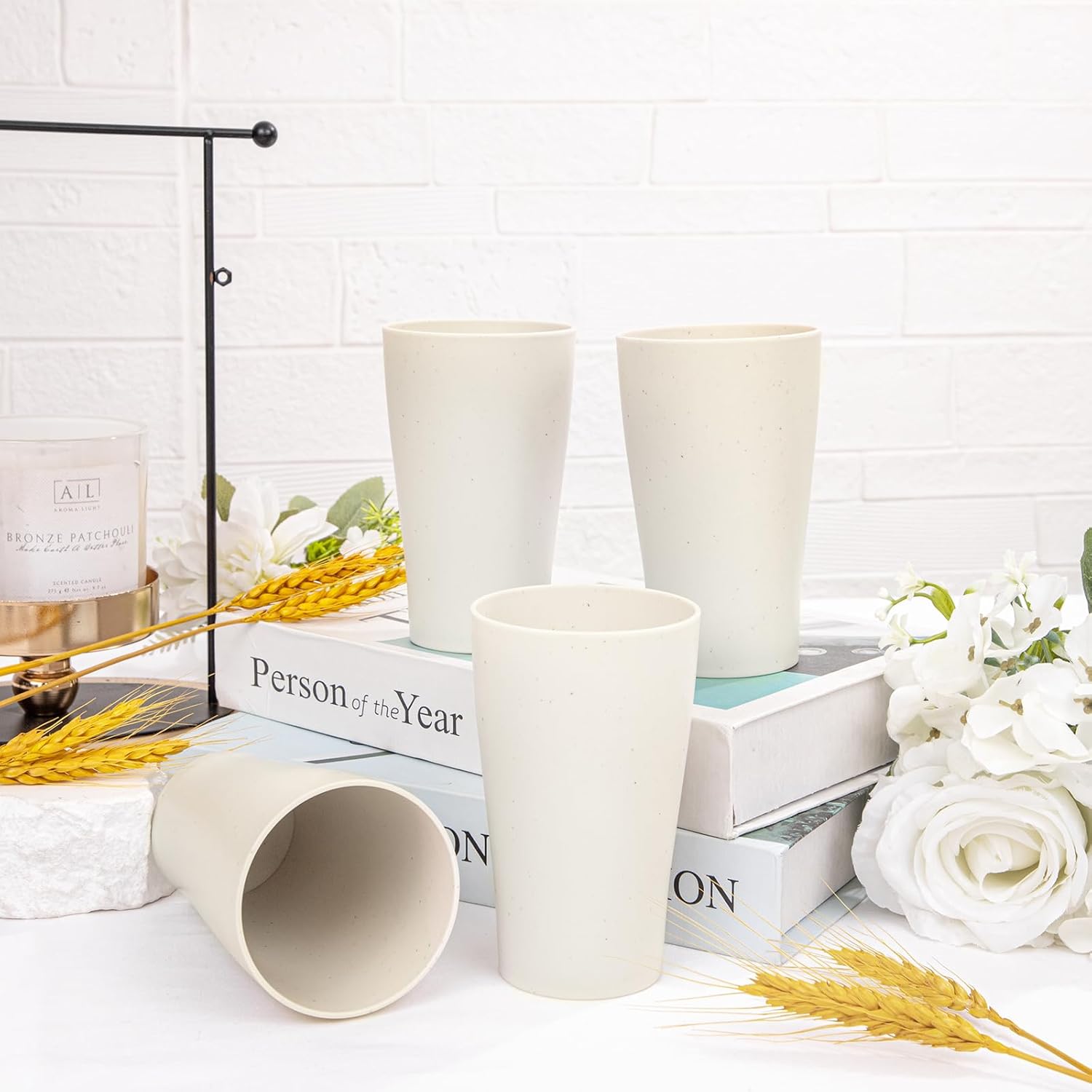 EI 8pcs Wheat Straw Cups - Beige Reusable Unbreakable Plastic Tumbler for Kitchen, Dishwasher Safe Water Glasses for Drinking, Coffee, Juice, Tea - Image 4