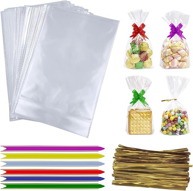 Cellophane Bags Pack of 60 (6 x 10 Inches) Clear Sweet Bags with Mix Colors Pull Bows and Twist Ties, Food Safe Cookie Bags Flat Bottom Gift Packaging Bags for Candy Cupcake Bread