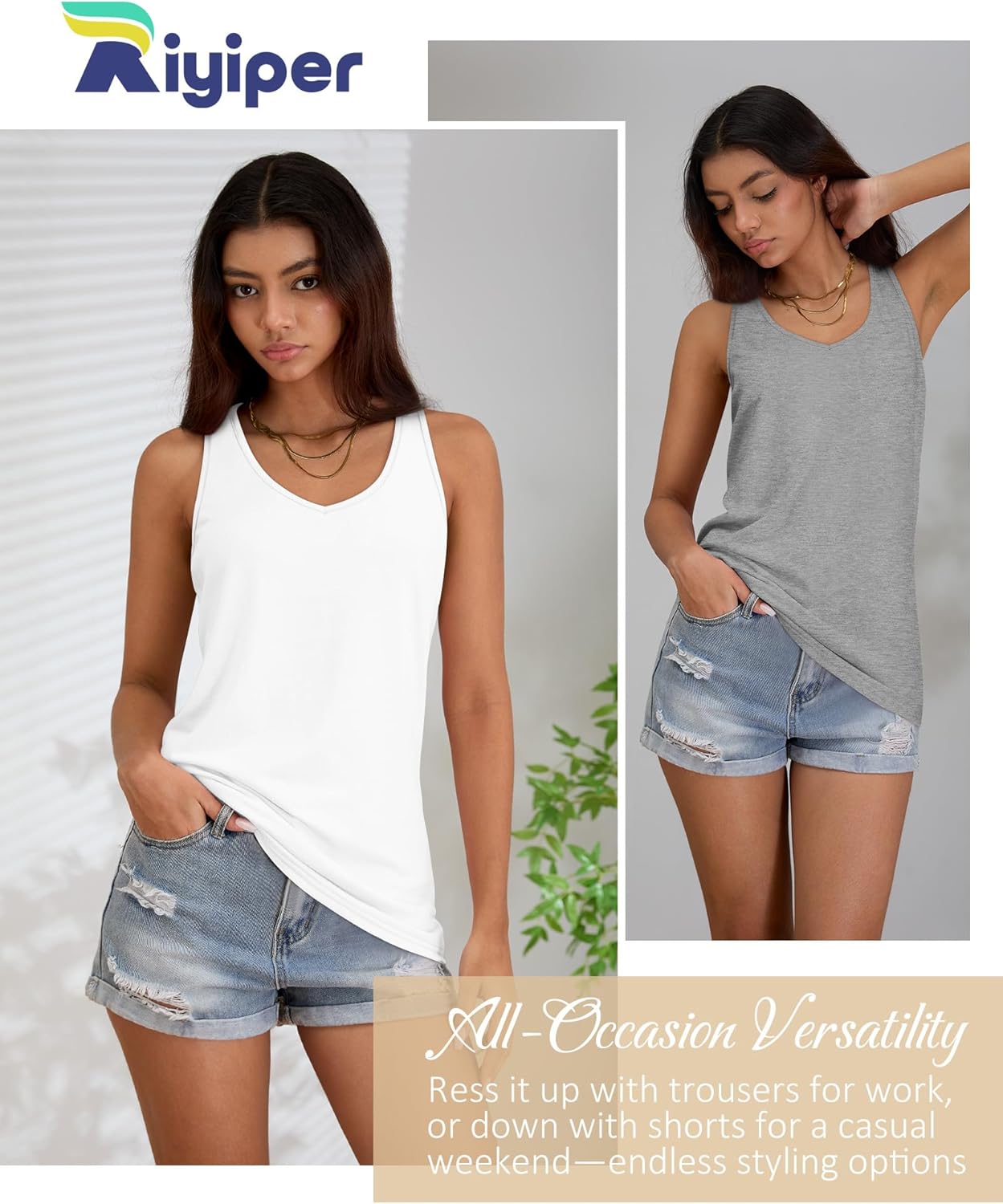 Riyiper 4 Pack Women's Tank Tops Loose Fit V Neck Racerback Tops Sleeveless Casual Tee Basic Summer 2025 Workout Yoga Shirts