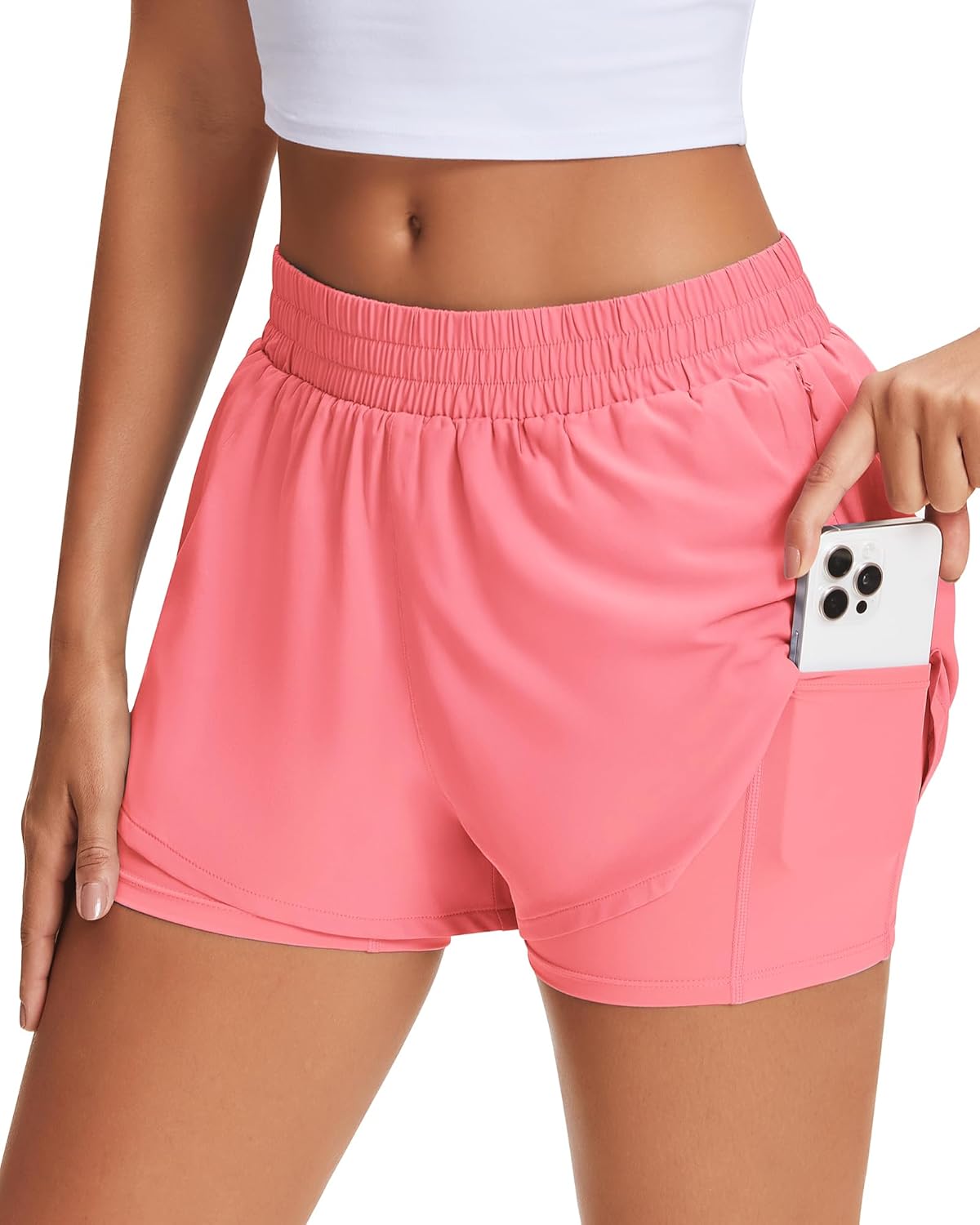 Stelle Women's 2 in 1 Running Shorts Athletic Workout Gym Shorts High Waisted Shorts with Liner Zipper Pockets - Image 4
