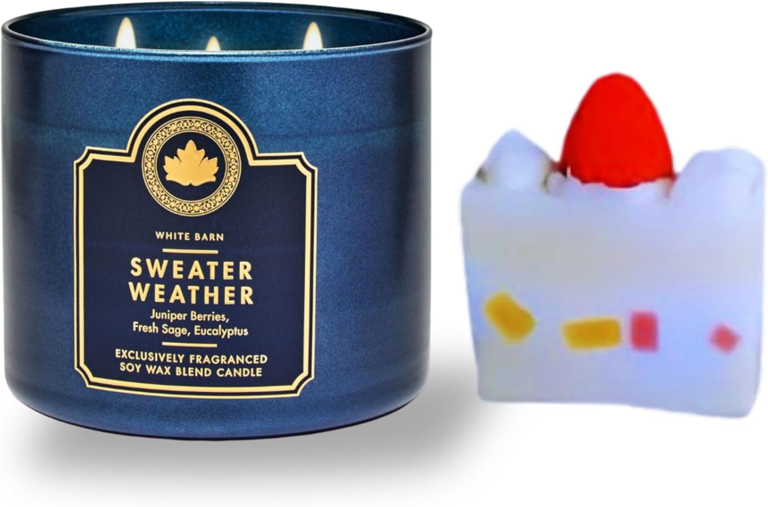 Sweater Weather - White Barn-Bath/Body Work- 3-Wick Scented Candle 14.5 OZ Burns 25-45 Hours and Strawberry Cake soap (Label Artwork Varies)