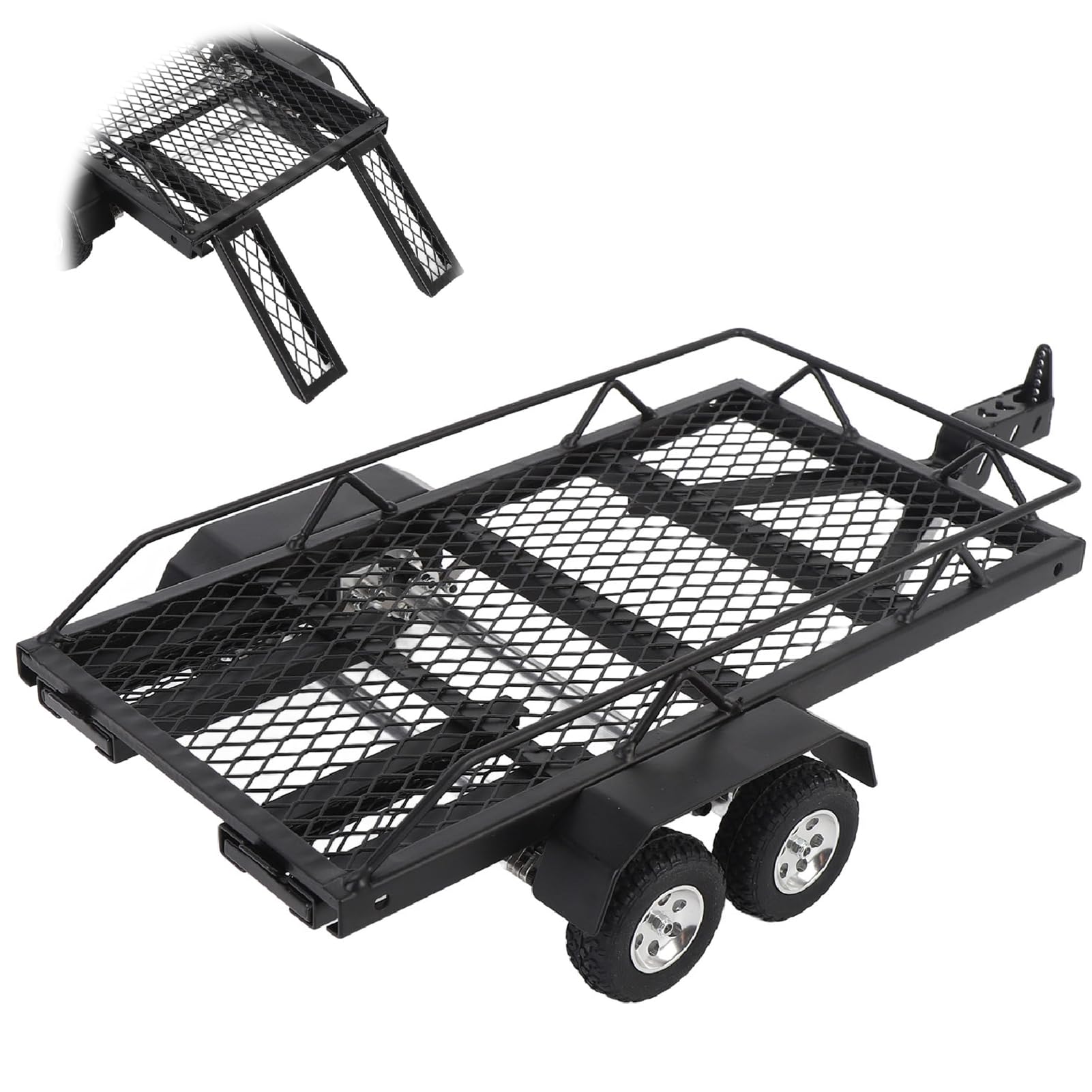 Zestaw Przyczepy RC z podwójną osią w Skali 1/24, Przyczepa do Ciągnięcia za Samochodem, Metalowa Przyczepa z Hakiem do Przyczepy i rampą dla Gąsienicy RC w Skali 1/24