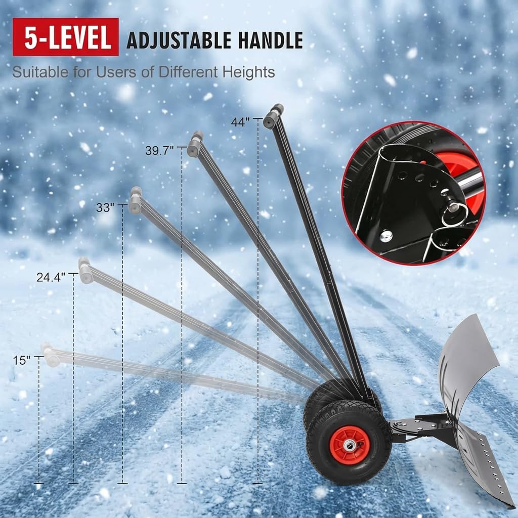Pala de nieve para entrada, empujador de nieve de metal con ruedas, quitanieves con hoja de ángulo ajustable grande de 29 x 16.5 pulgadas