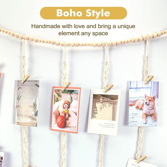 KLOGTSIND Hanging Photo Display, Macrame Wall Decor with Lights, 50 Clips