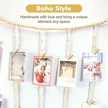 KLOGTSIND Hanging Photo Display, Macrame Wall Decor with Lights, 50 Clips