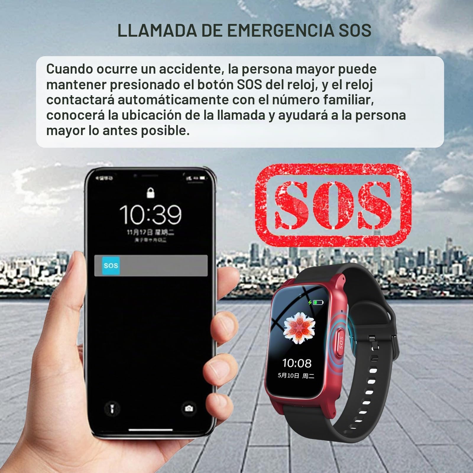 Reloj Personas Mayores, con Detección De Caídas Smartwatch, Reloj Localizador GPS con Botón De Llamada De Emergencia SOS, para Demencia/AlzheimerRed,1.25 * 0.57 * 2.22inch
