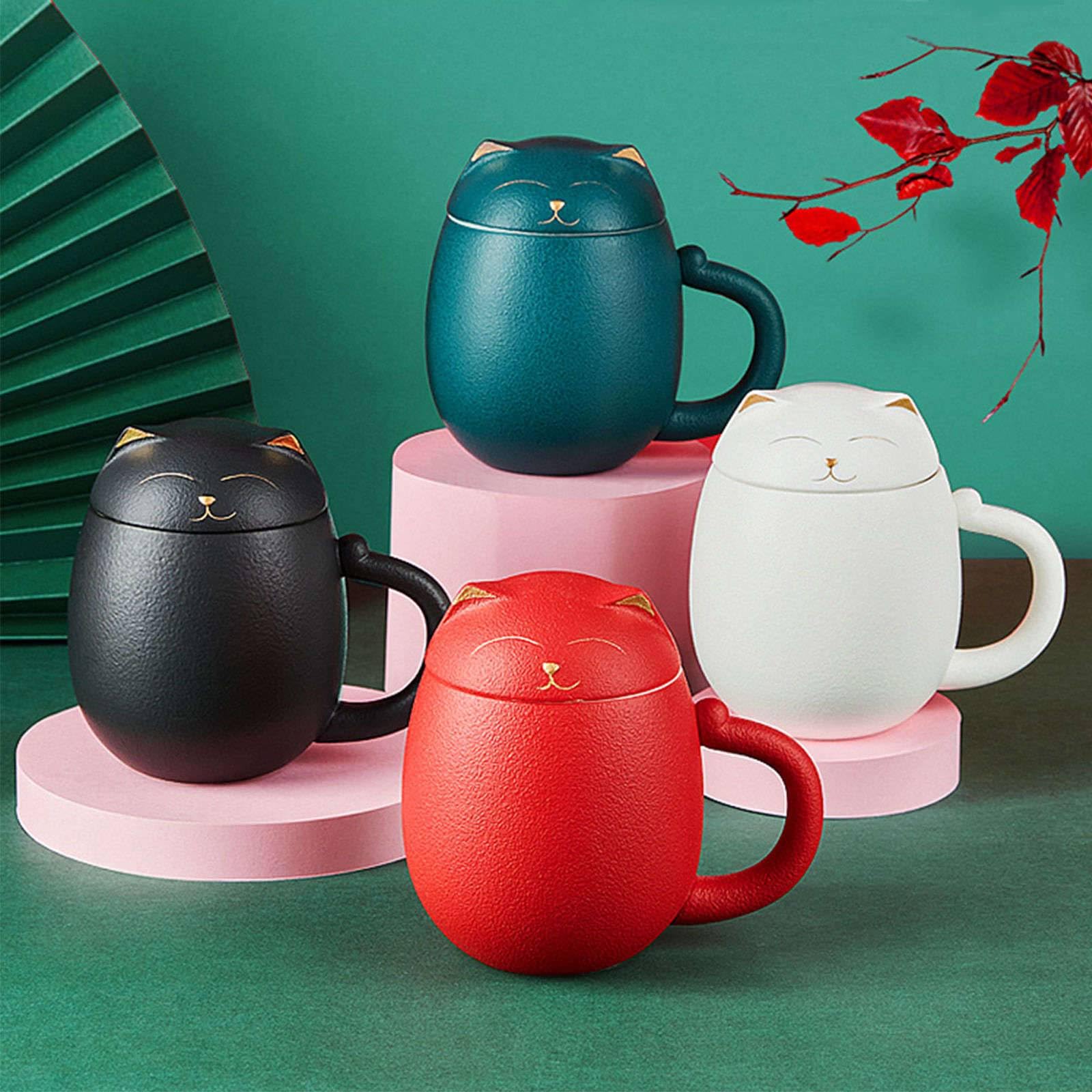 Tazza da tè in Porcellana/Ceramica con infusore per Foglie sfuse, Creativo Portafortuna con infusore per tè a Forma di Gatto con Coperchio, 350 ml, Tazza da tè Portatile verde-400