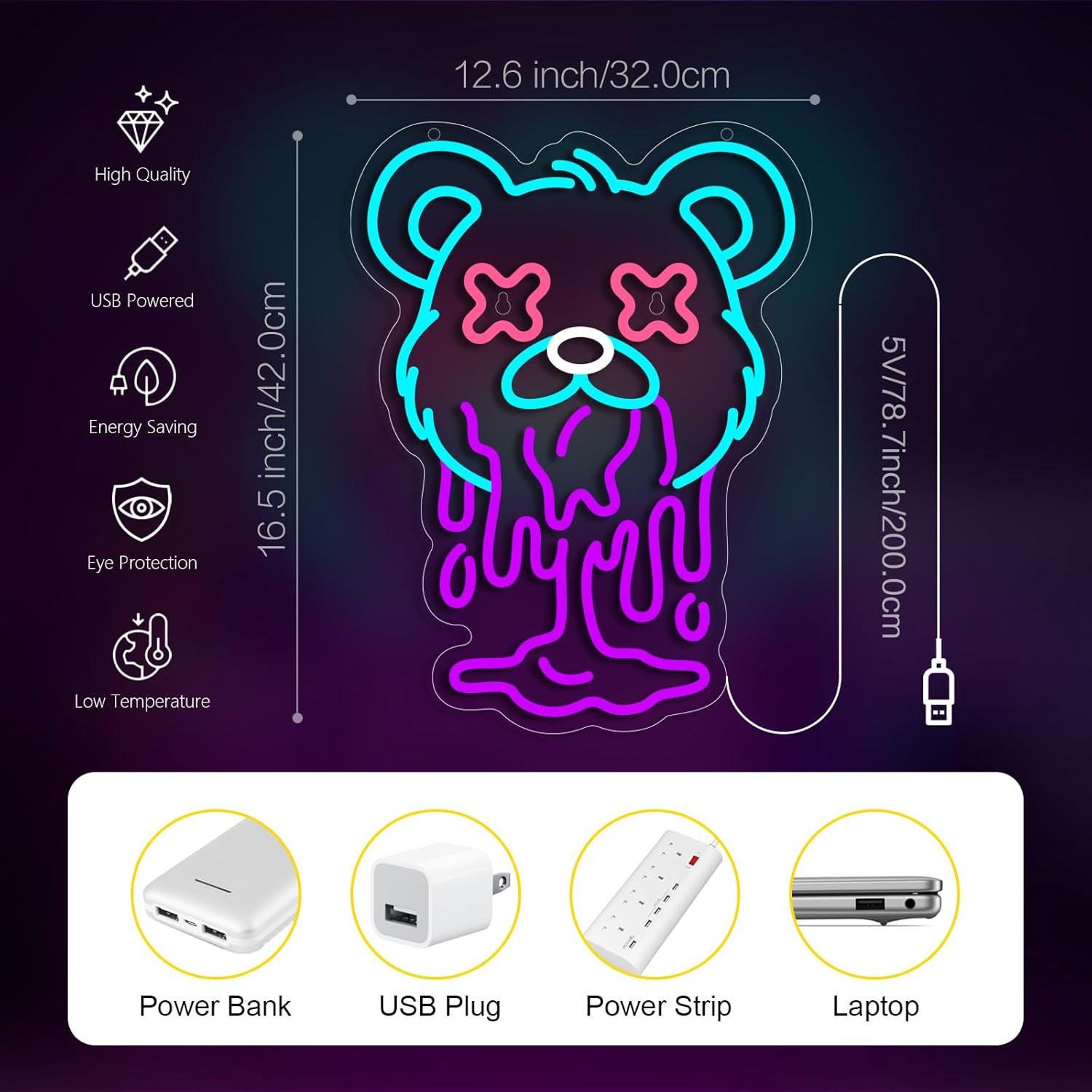 Bear neon sign Cute Melting Bear Drip USB Dimmable Neon Light for Boys Girls Room Gameroom Hotel Mancave Holiday Birthday Christmas Gift