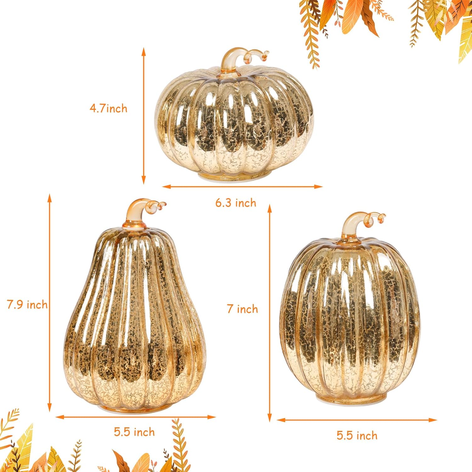 Fall Lighted Glass Pumpkins Set of 3 – Battery Operated Mercury Glass Pumpkin Decor with LED Lights, Autumn Thanksgiving Halloween Table Centerpiece Decorations for Home, Fireplace, Mantel, 8"/7"/6"