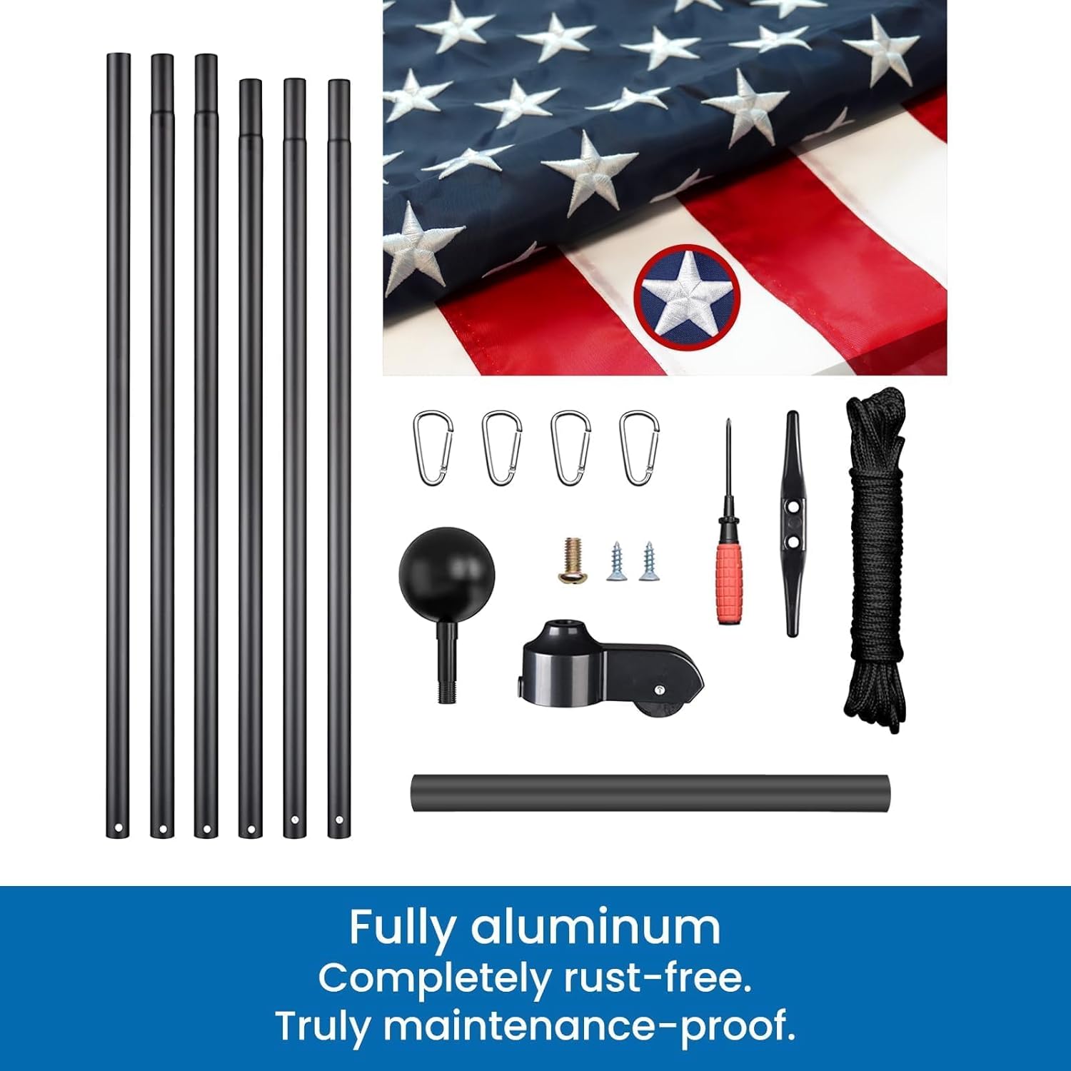 iElyiEsy 12 Guage 25 FT Heavy Duty Flag Pole with Aluminum Ball,Extra Thick Aluminum Flagpole Kit for Outside House In Ground, 3x5 American Oxford Embroidered Flag,Black,120MPH Wind Tested - Image 6