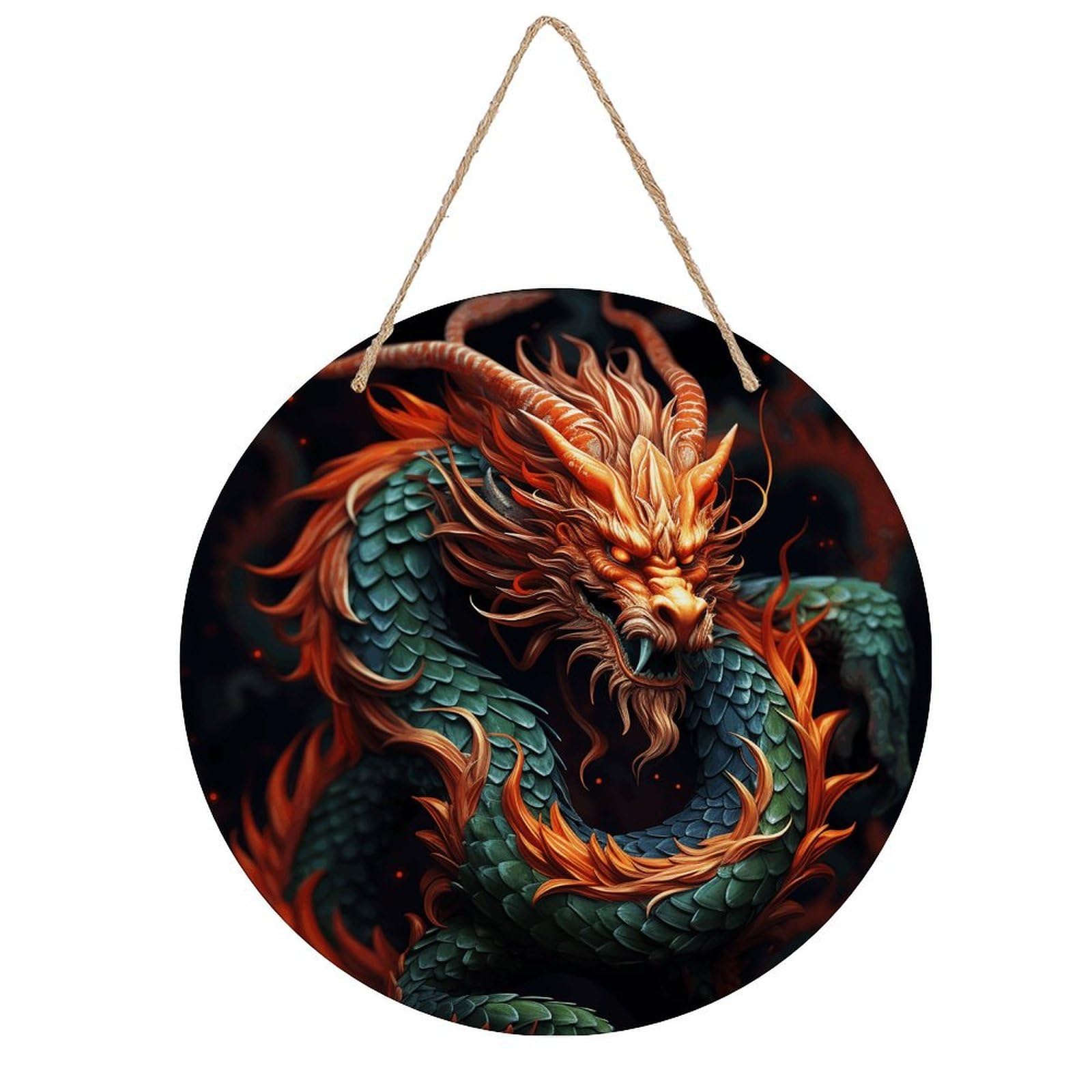 VstaDank Chinese Dragon Wooden Wall Art Decor Round Wood Plaque Wooden Door Hanger Sign with Hole And Hanger Rope Trend Wood Decorative Paintings for Home Outdoor Indoor 7.87 Inch