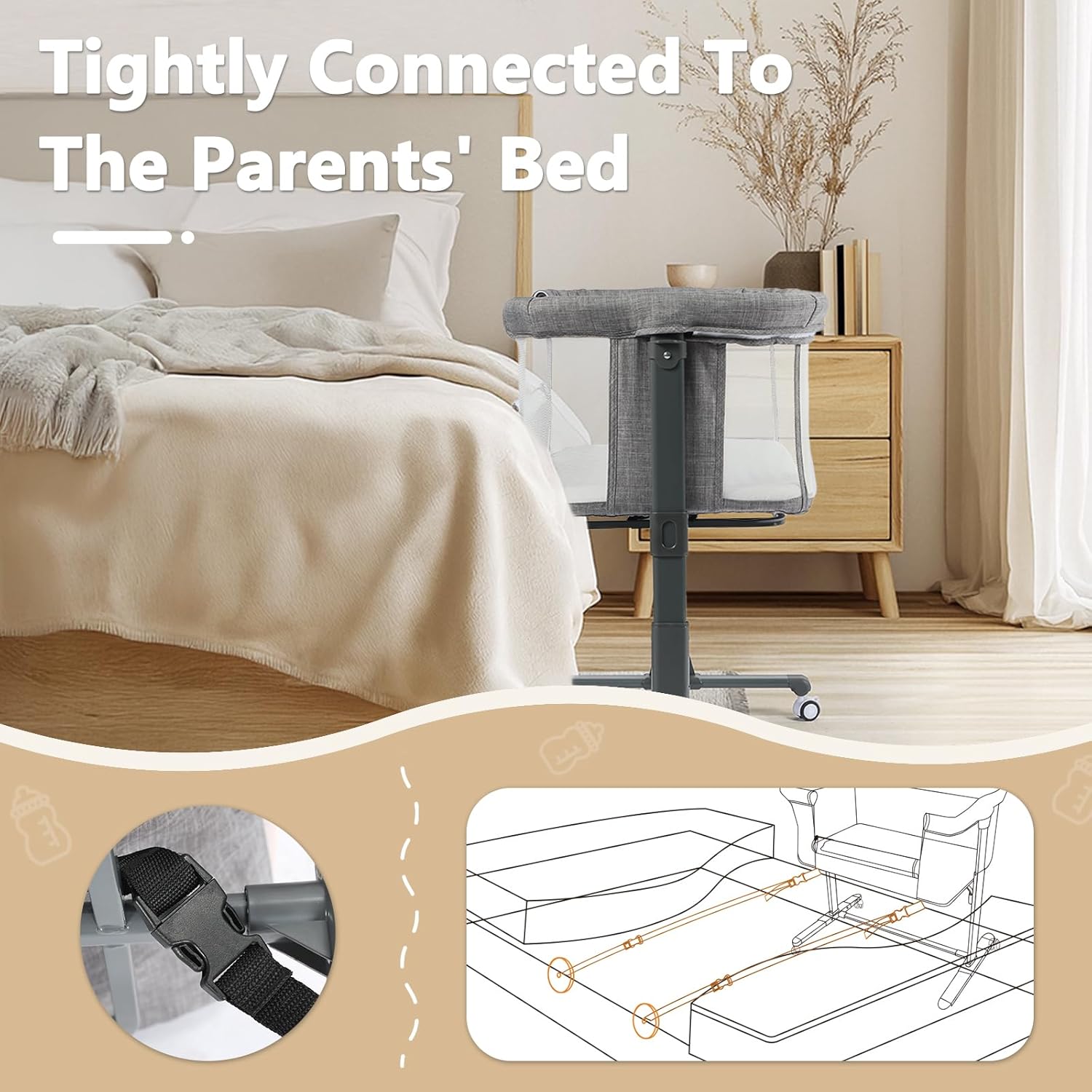 Kinder King Baby Bassinet Bedside Sleeper, Newborn Baby Bedside Crib w/Wheels, All-Sided Mesh, Adjustable Height, Removable Soft Mattress, No Tool to Assemble, Grey
