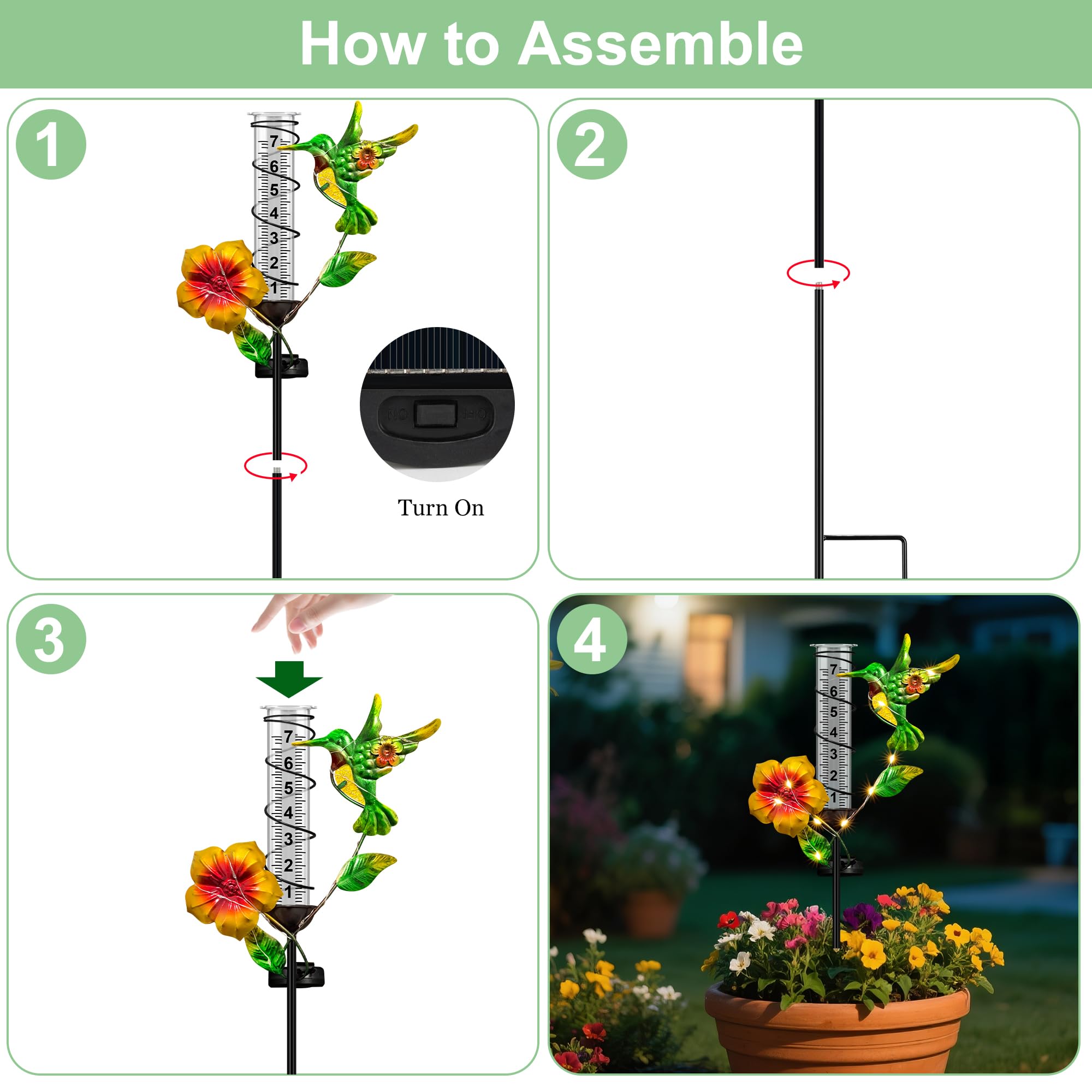 Pluviometro per esterni, con colibrì, con luci solari a LED, antigelo, regolabile in altezza, manometro in metallo per decorazione da giardino