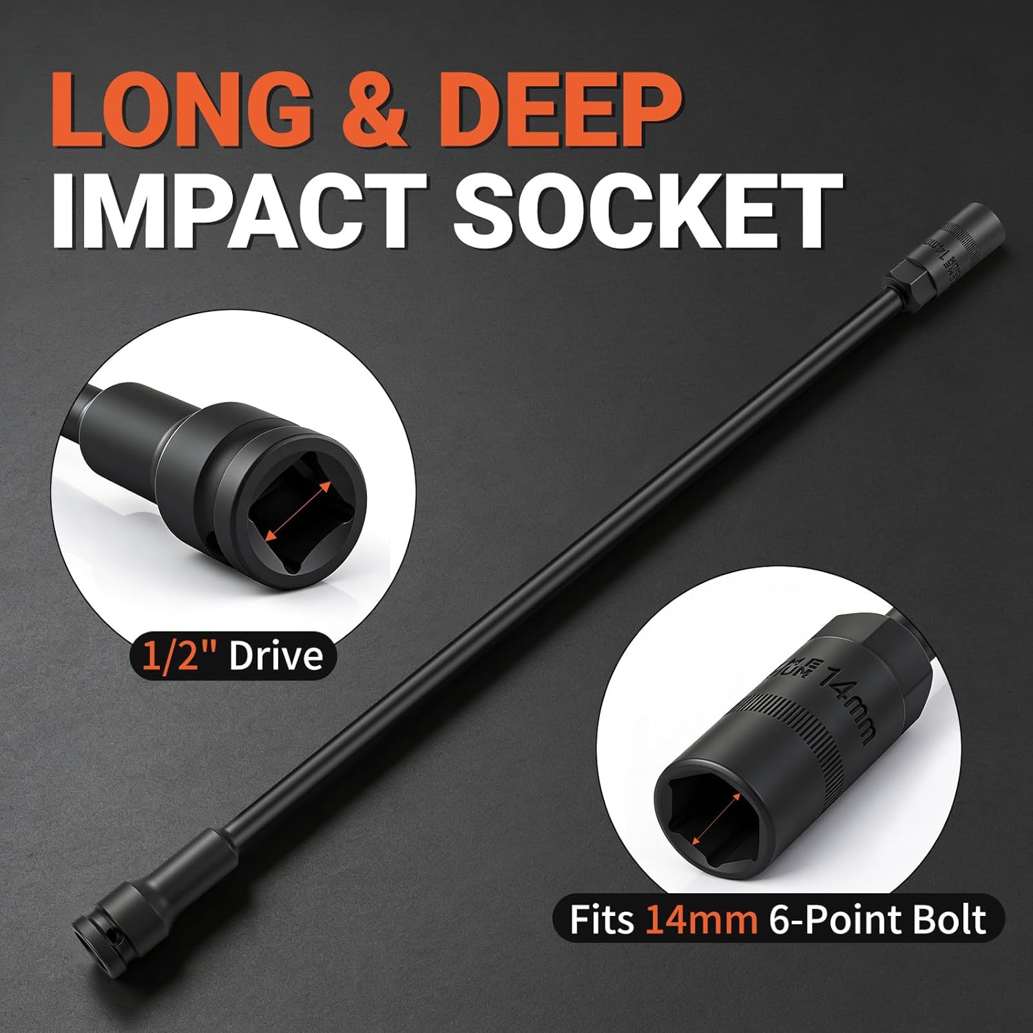 14mm 1/2" Drive Deep Impact Socket, 16.5" Extra Long Socket, 6-point Bolt Removal Tool