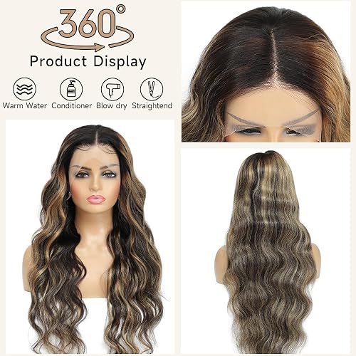 Miniatura 4 de Peluca de encaje frontal ombre Avolo de cabello humano prearrancada 13x4, peluca de encaje frontal de onda corporal con reflejos de cabello humano