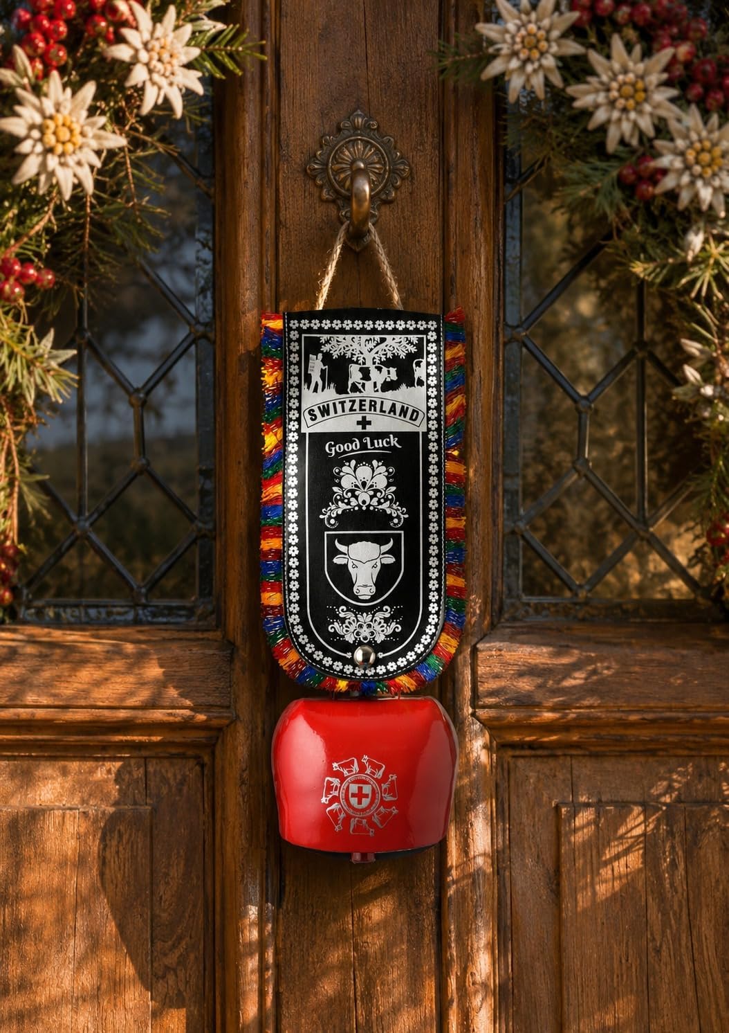 Swiss Cow Bell 35 cm (13.8 in) Large Decorative Door Hanging – Traditional Switzerland Cowbell with Colorful Fringe, “Good Luck” Swiss Souvenir, Wall & Balcony Decor Gift