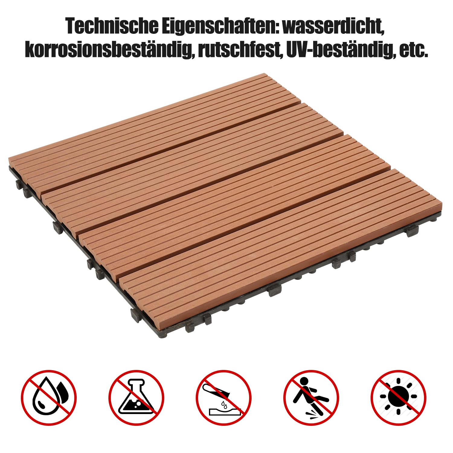 Eulenke WPC Terrassenfliesen 33 Stück, 30x30 cm Terrassendielen für Balkon Boden, Klickfliesen, Balkonfliesen in Holzoptik, Bodenbelag Wetterfest für Terrasse, für 3 m², ‌Braunrot