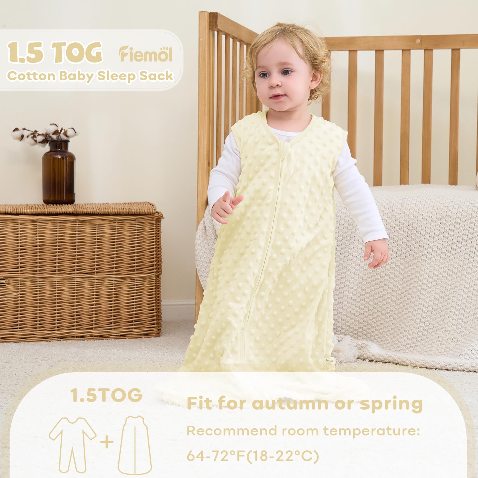 FIEMOL Sacco Nanna Invernale 12-18 Mesi, Neonato Sacchi Nanna 1.5 Tog Autunno con Pois di Peluche, Morbido Sacco Nanna per Bambini in Cotone, Confezione da 2 Pezzi Beige&Verde