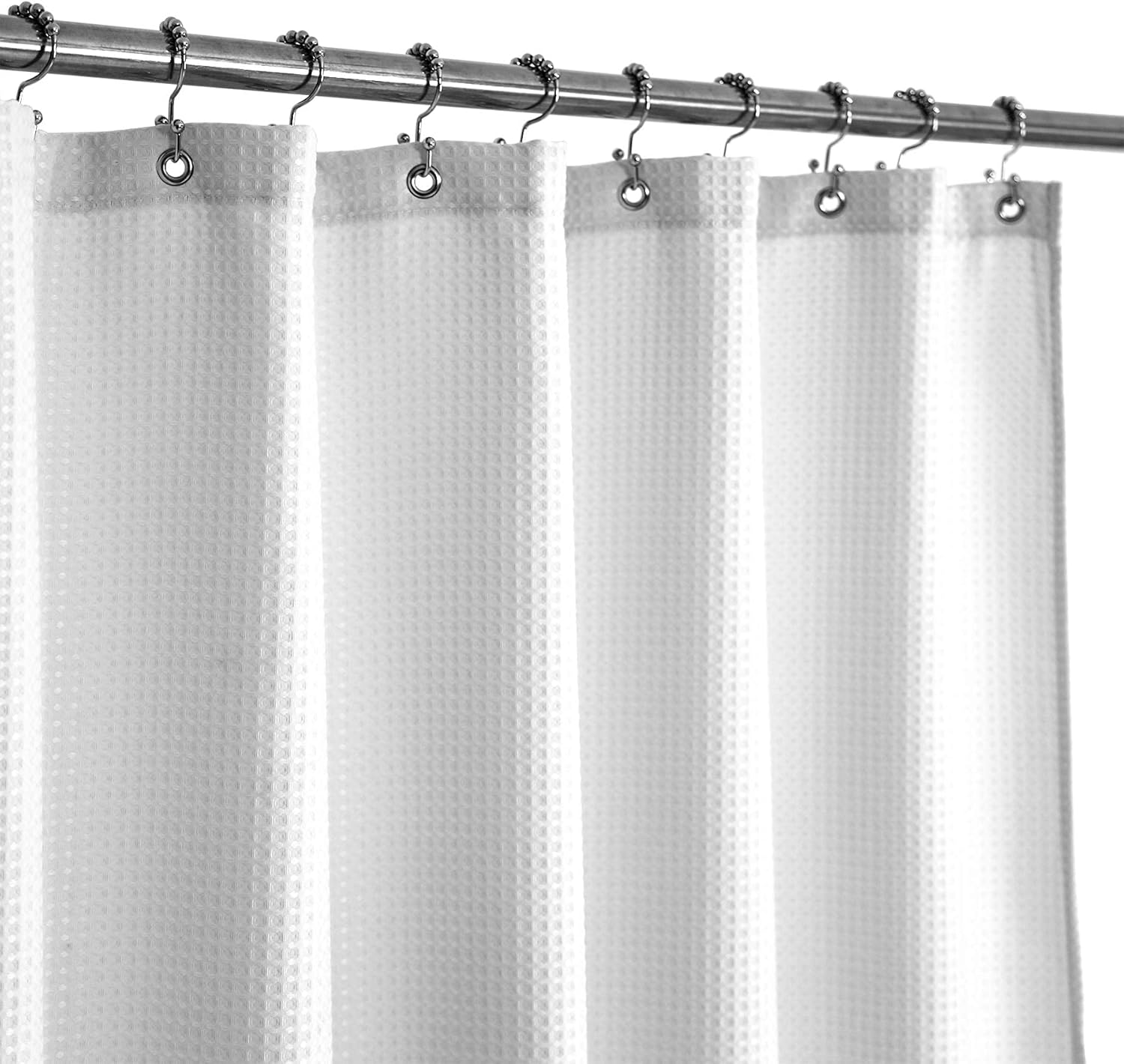 Short Shower Curtain with 66 inch Length Fabric, Waffle Weave, Hotel Luxury Spa, Water Repellent, Machine Washable, 230 GSM White Pique Pattern for Decorative Bathroom Curtain