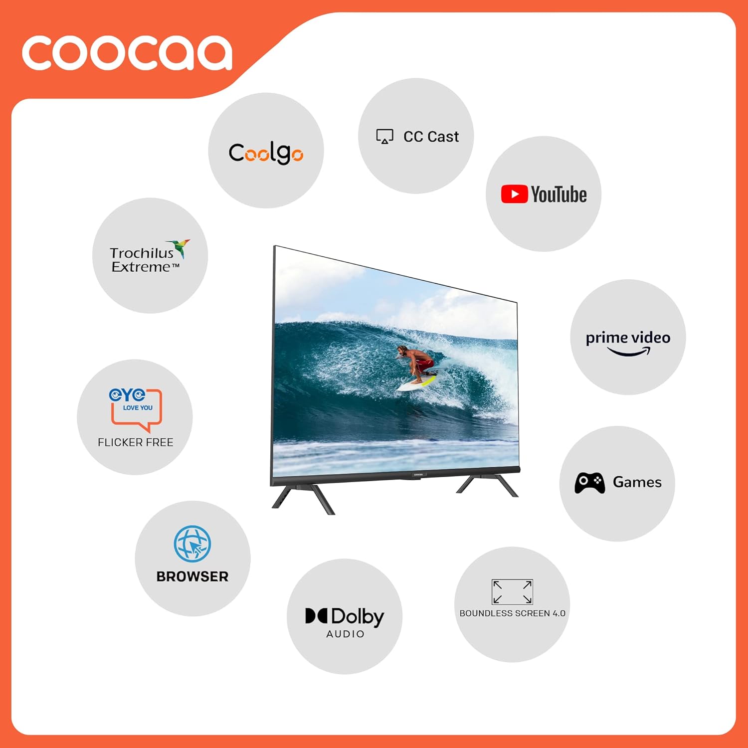 Coocaa TV with feature bubbles including Coolgo, CC Cast, YouTube, Prime Video, Games, Browser, Dolby Audio, Boundless Screen, Trochilus Extreme, and Eye Love You Flicker Free.